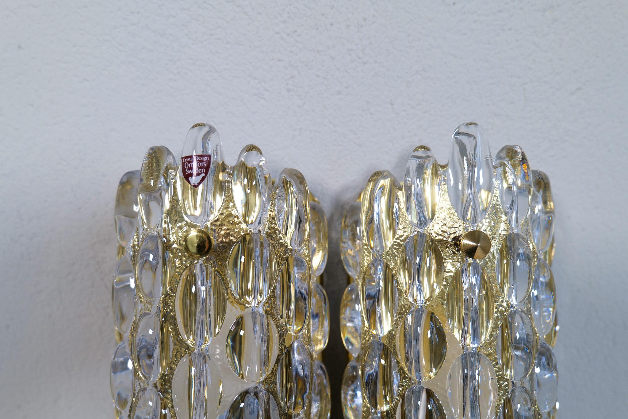 Swedish Midcentury Modern Drop Shaped Crystal Wall Lamps Orrefors by Carl Fagerlund For Sale