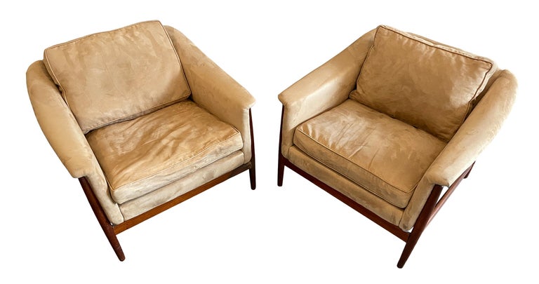 Mid-Century Modern Pair of Midcentury DUX Scandinavian Teak Frame Low Tan Suede Lounge Chairs For Sale
