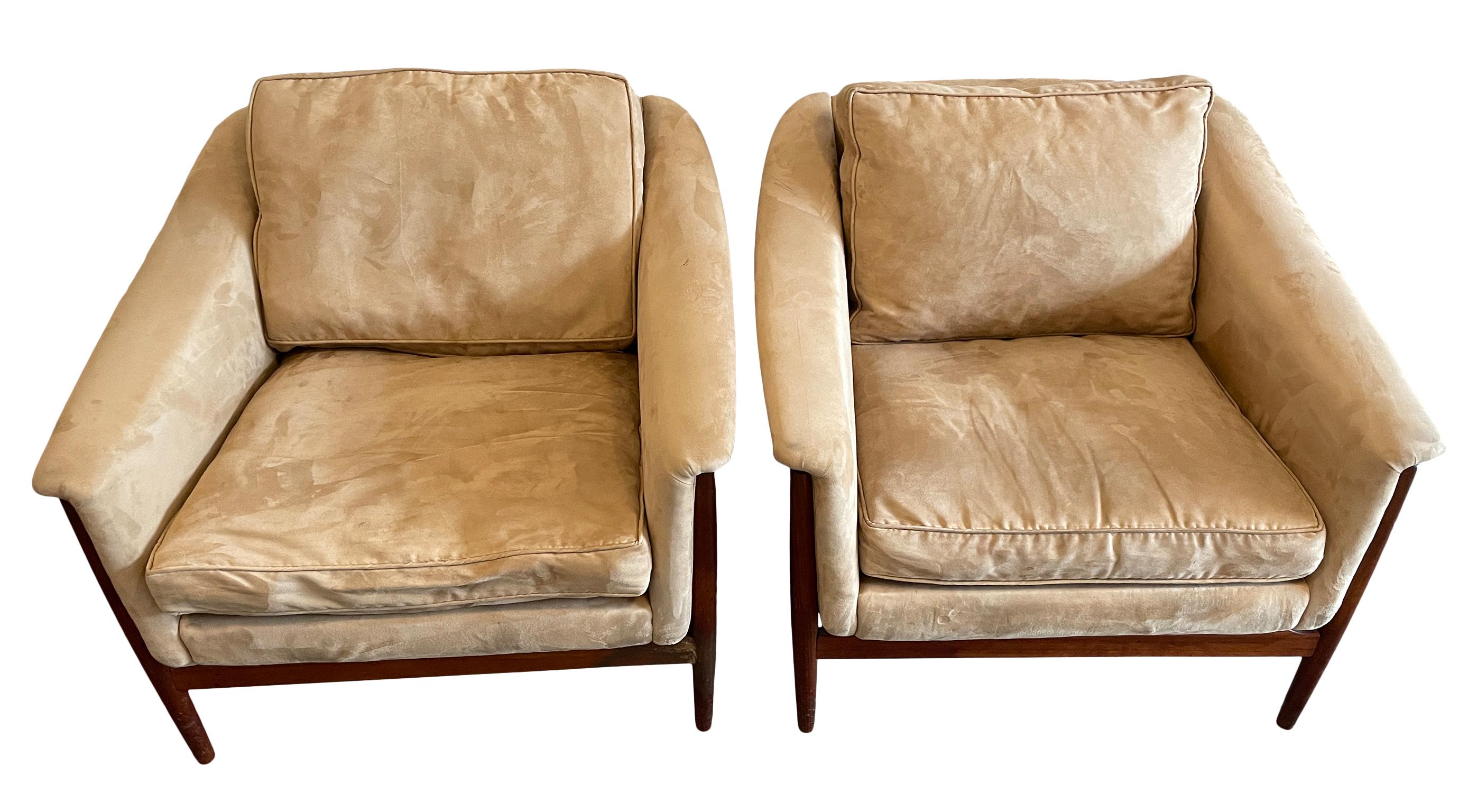 Mid-Century Modern Pair of Midcentury DUX Scandinavian Teak Frame Low Tan Suede Lounge Chairs