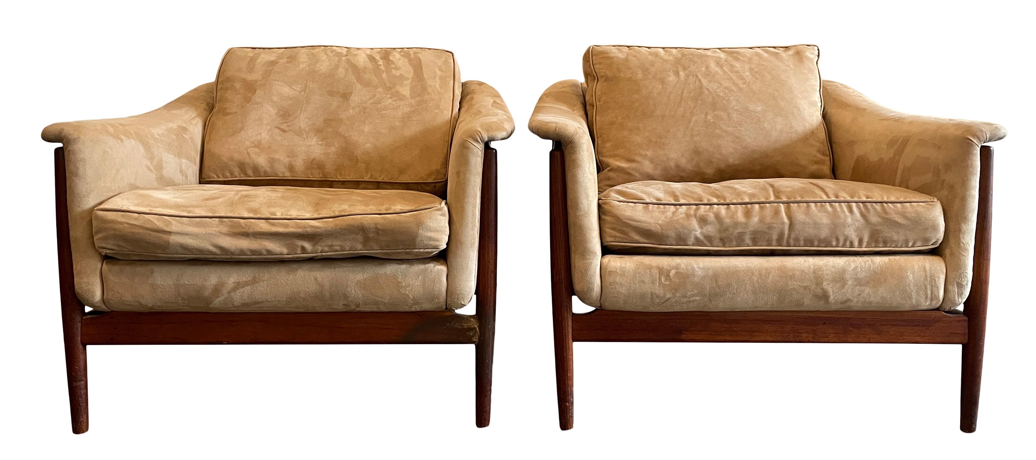 Swedish Pair of Midcentury DUX Scandinavian Teak Frame Low Tan Suede Lounge Chairs