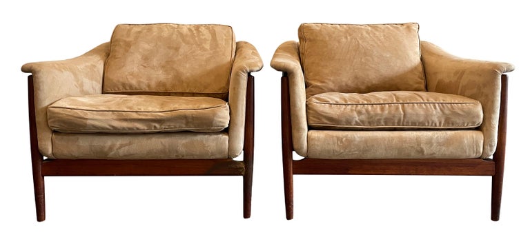Woodwork Pair of Midcentury DUX Scandinavian Teak Frame Low Tan Suede Lounge Chairs For Sale