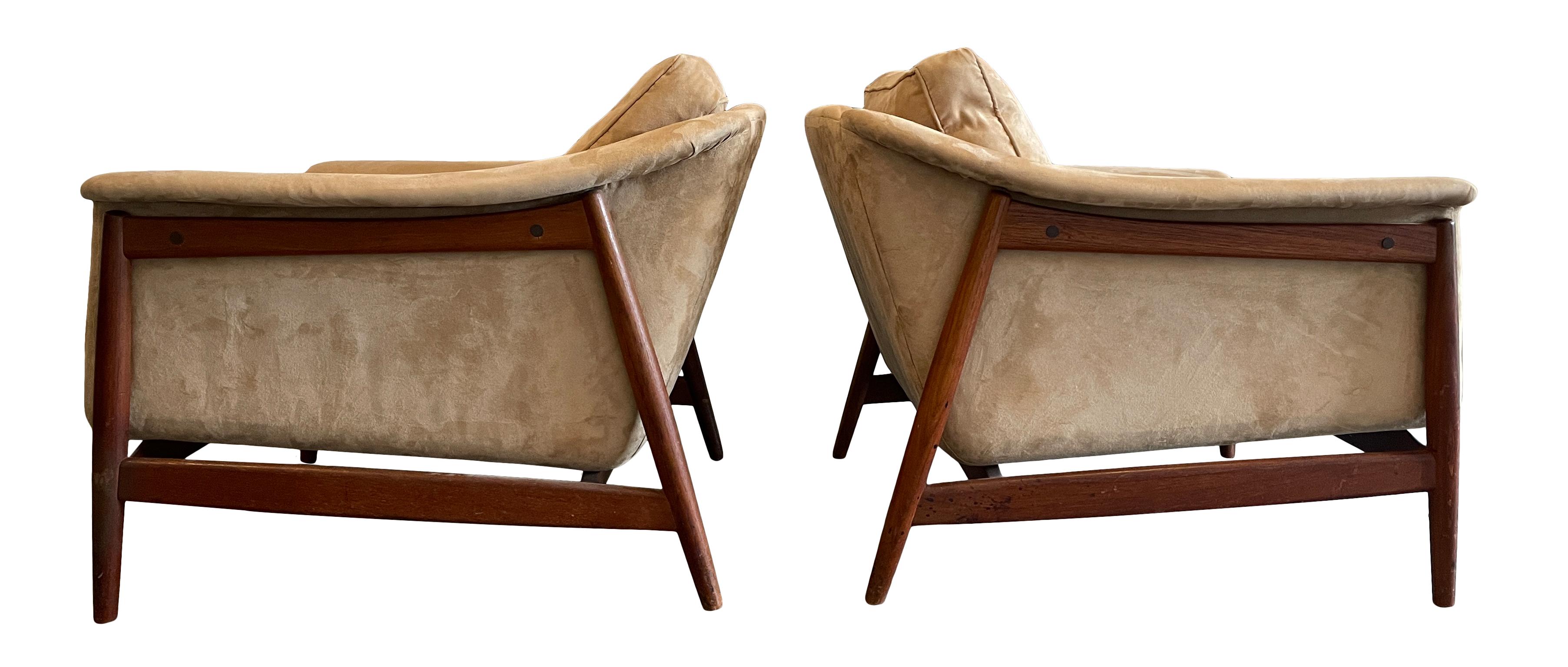 Woodwork Pair of Midcentury DUX Scandinavian Teak Frame Low Tan Suede Lounge Chairs