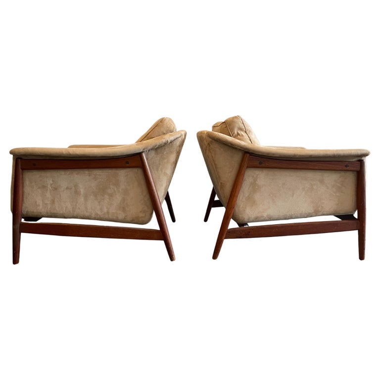 Pair of Midcentury DUX Scandinavian Teak Frame Low Tan Suede Lounge Chairs For Sale