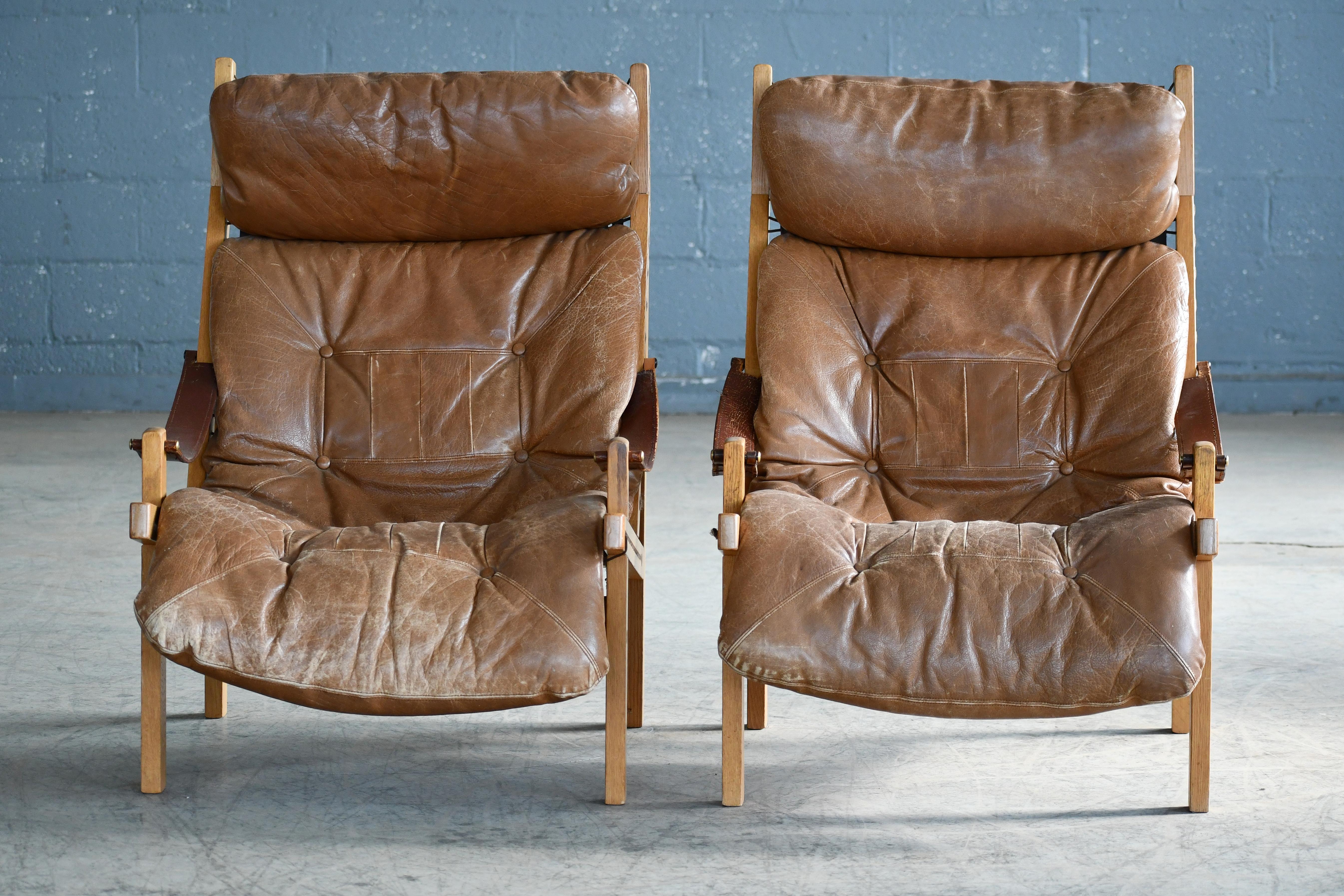 Scandinavian Modern Pair of Midcentury Easy Chair Model Hunter by Torbjørn Afdal in Brown Leather