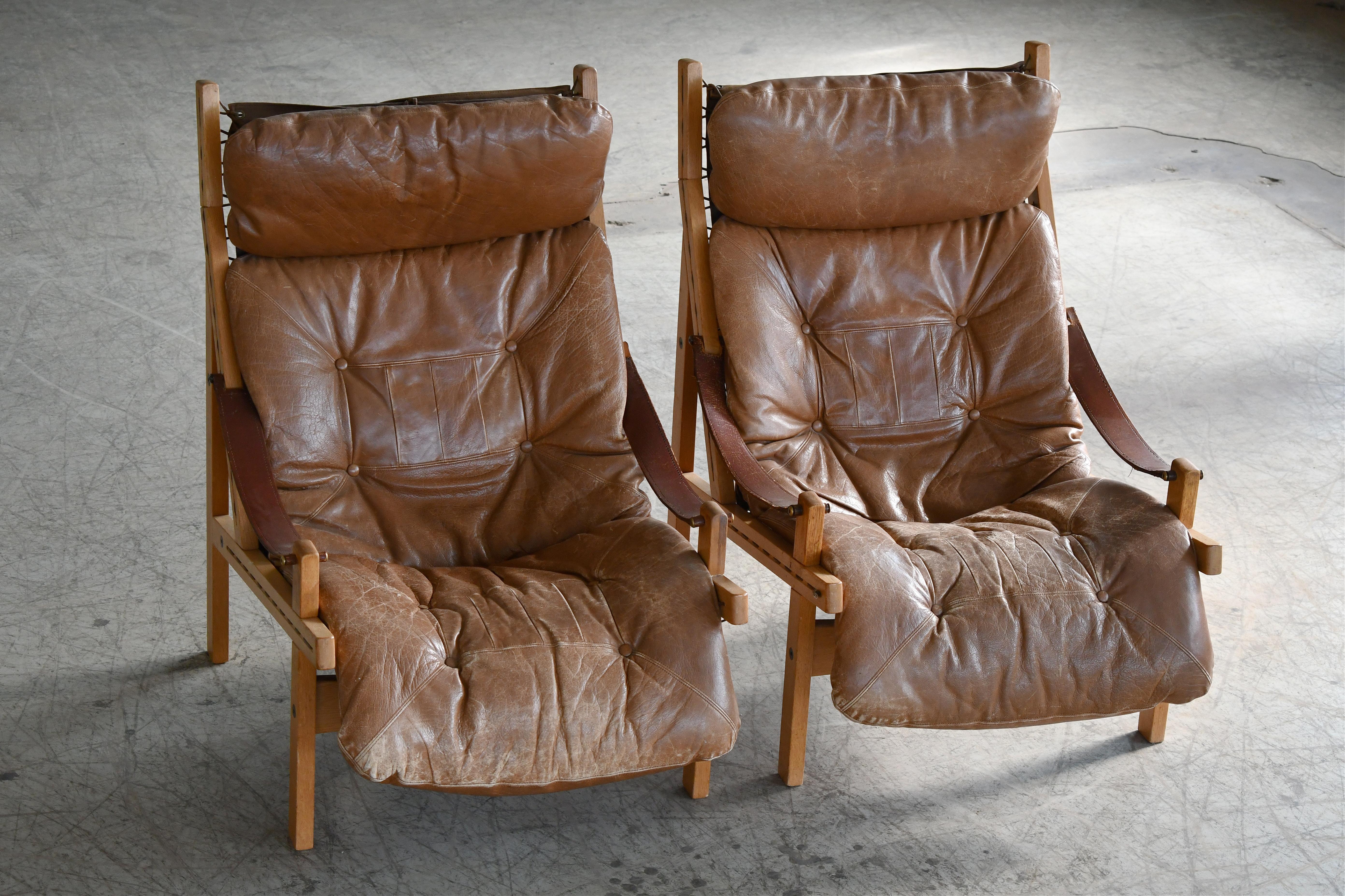 Norwegian Pair of Midcentury Easy Chair Model Hunter by Torbjørn Afdal in Brown Leather