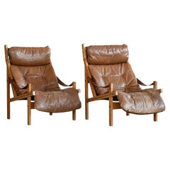 Pair of Midcentury Easy Chair Model Hunter by Torbjørn Afdal in Brown Leather