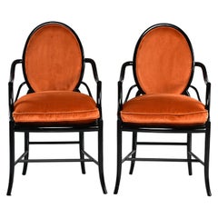 Pair of Midcentury Ebonised Bentwood Armchairs with New Orange Velvet Upholstery