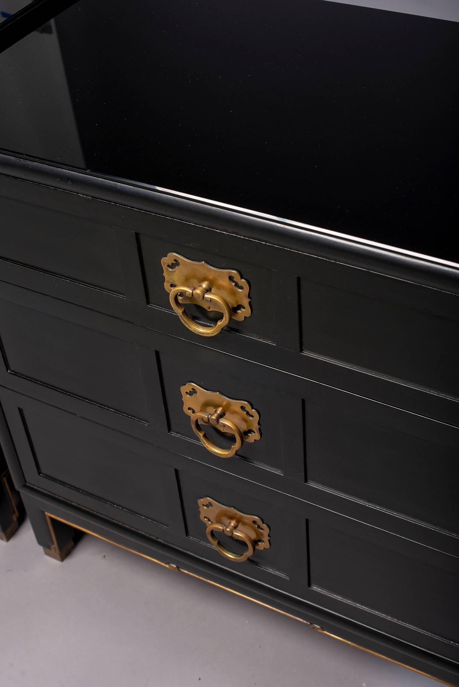 Brass Pair of Midcentury Ebonized Asian Style Chest of Drawers
