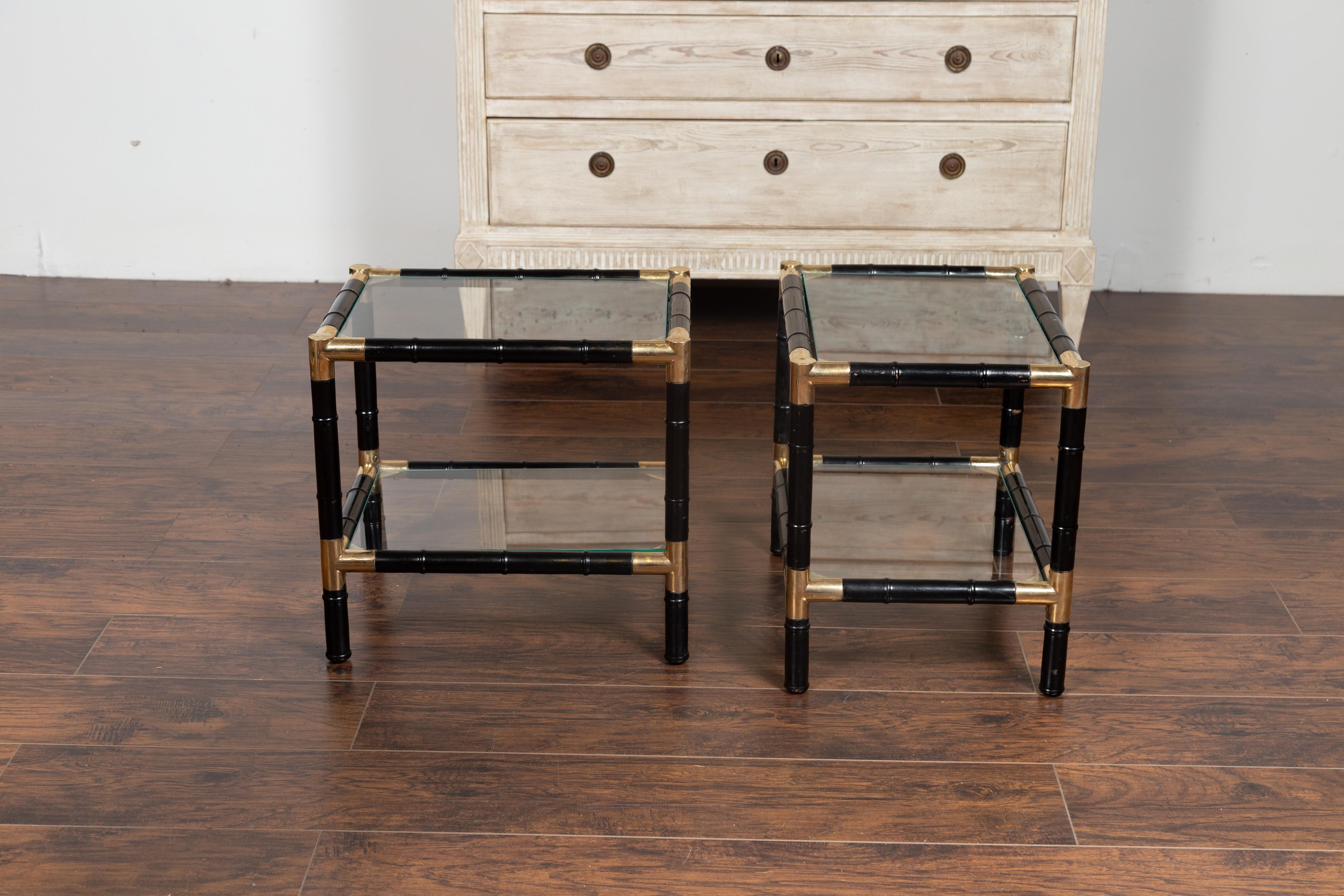 Mid-Century Modern Pair of Midcentury Ebonized Faux Bamboo and Glass Side Tables with Brass Shelves