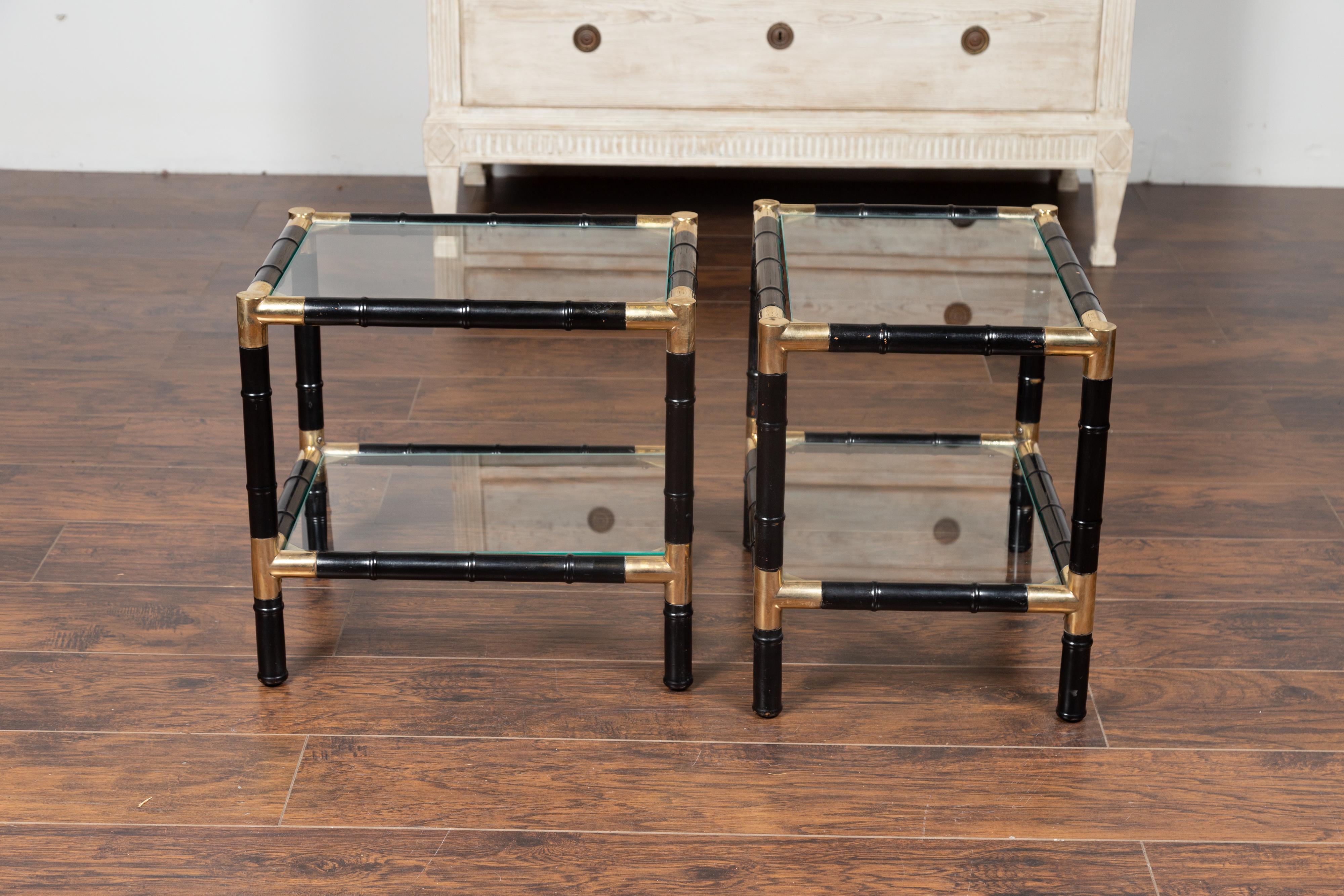 French Pair of Midcentury Ebonized Faux Bamboo and Glass Side Tables with Brass Shelves