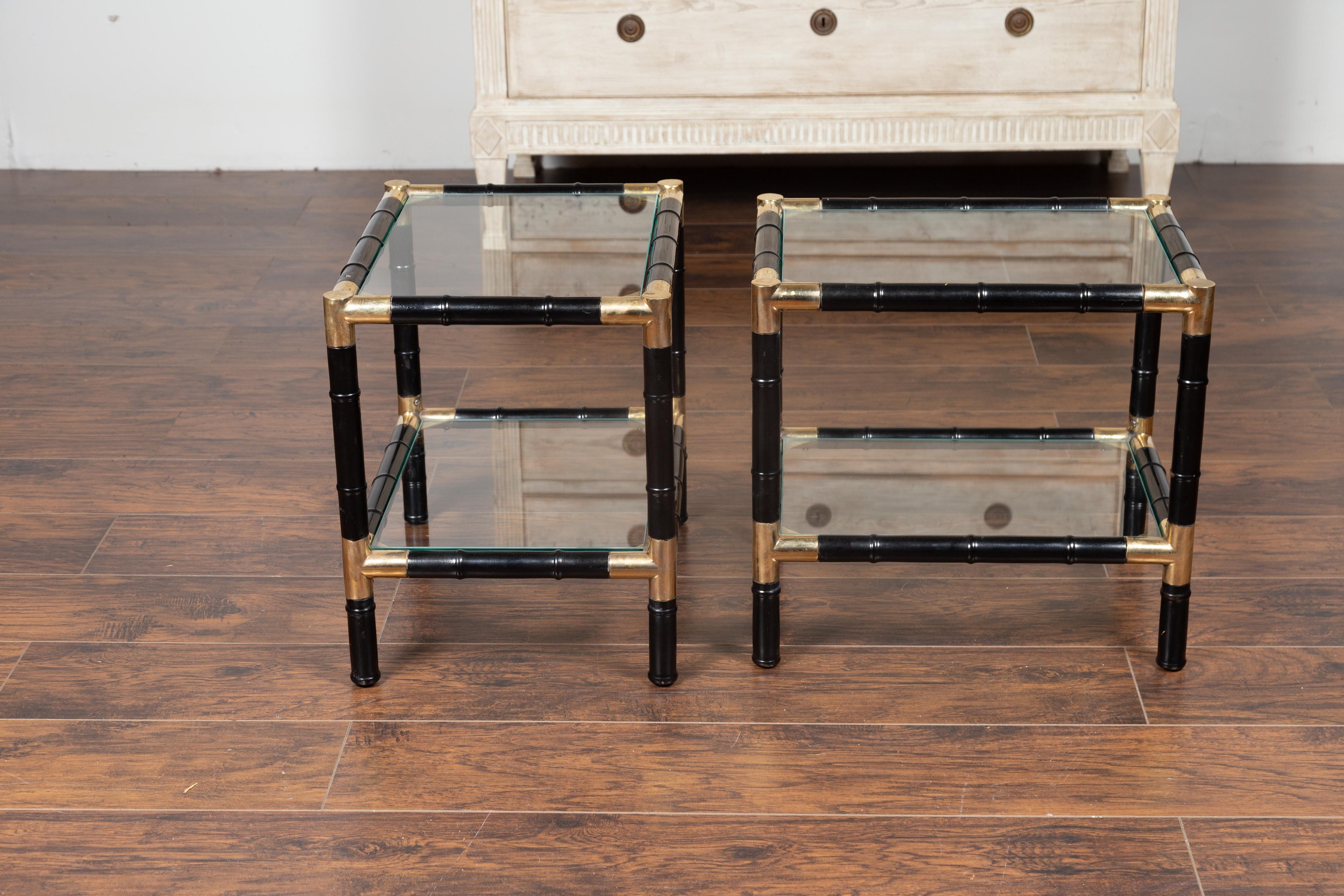 Pair of Midcentury Ebonized Faux Bamboo and Glass Side Tables with Brass Shelves In Good Condition In Atlanta, GA