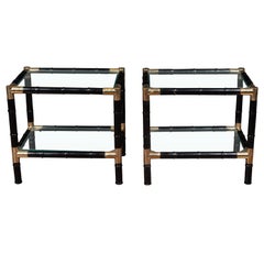Pair of Midcentury Ebonized Faux Bamboo and Glass Side Tables with Brass Shelves