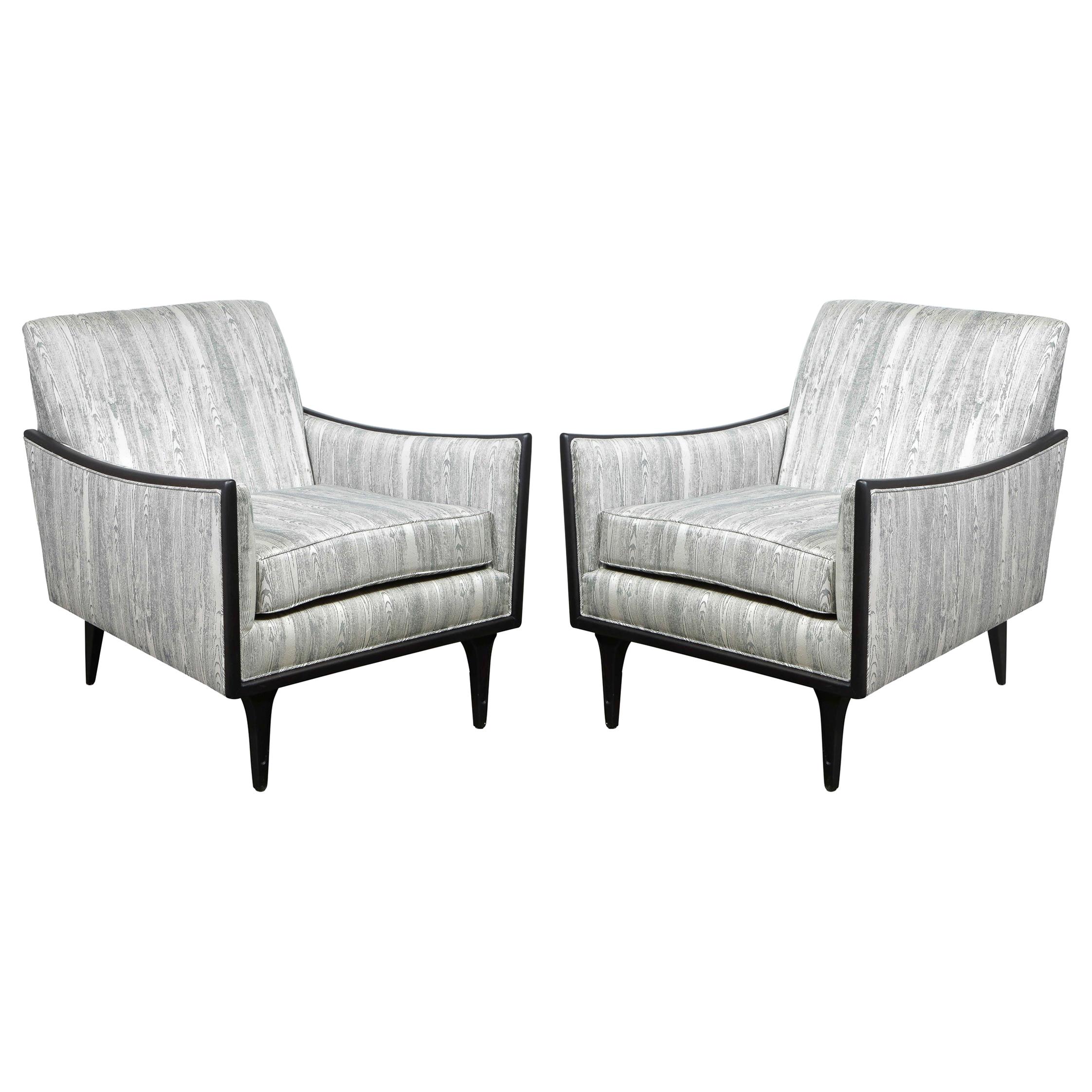 Pair of Midcentury Ebonized Walnut and Platinum Silk Blend Fabric Armchairs