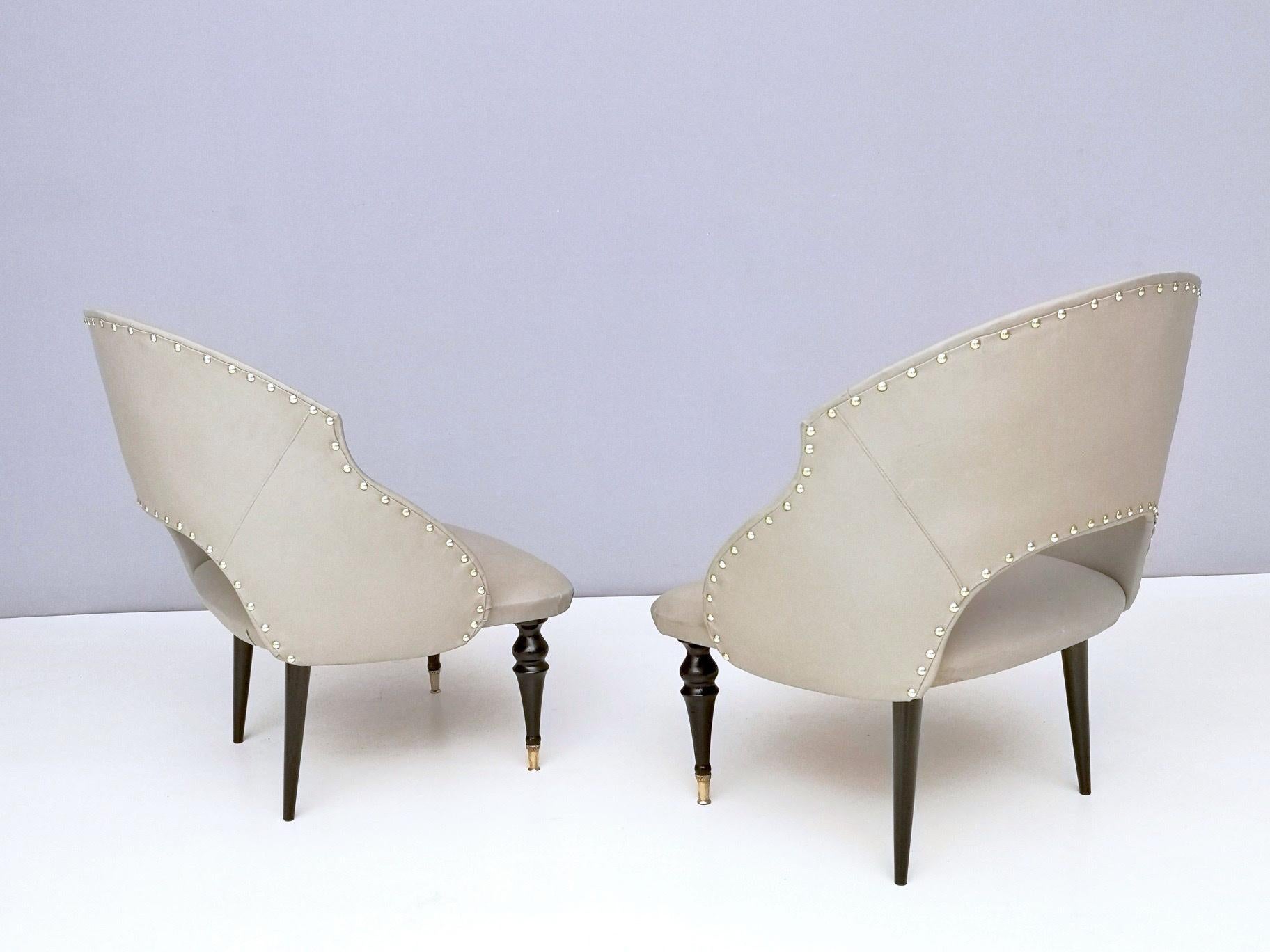 Italian Pair of Mid-Century Ebonized Wood and Gray Skai Lounge Chairs, Italy