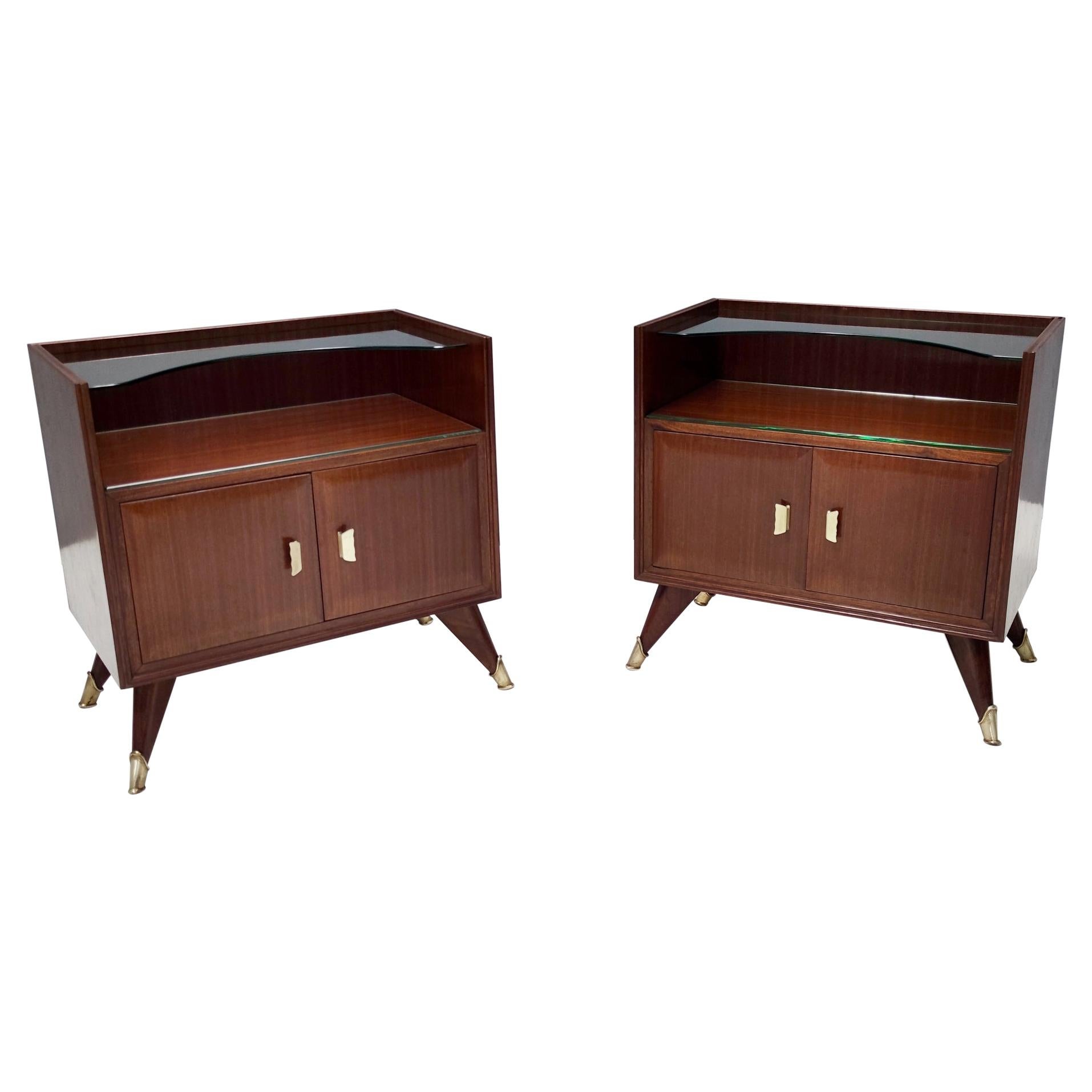 Pair of Vintage Elegant Wooden Nightstands with a Crystal Top Shelf For Sale