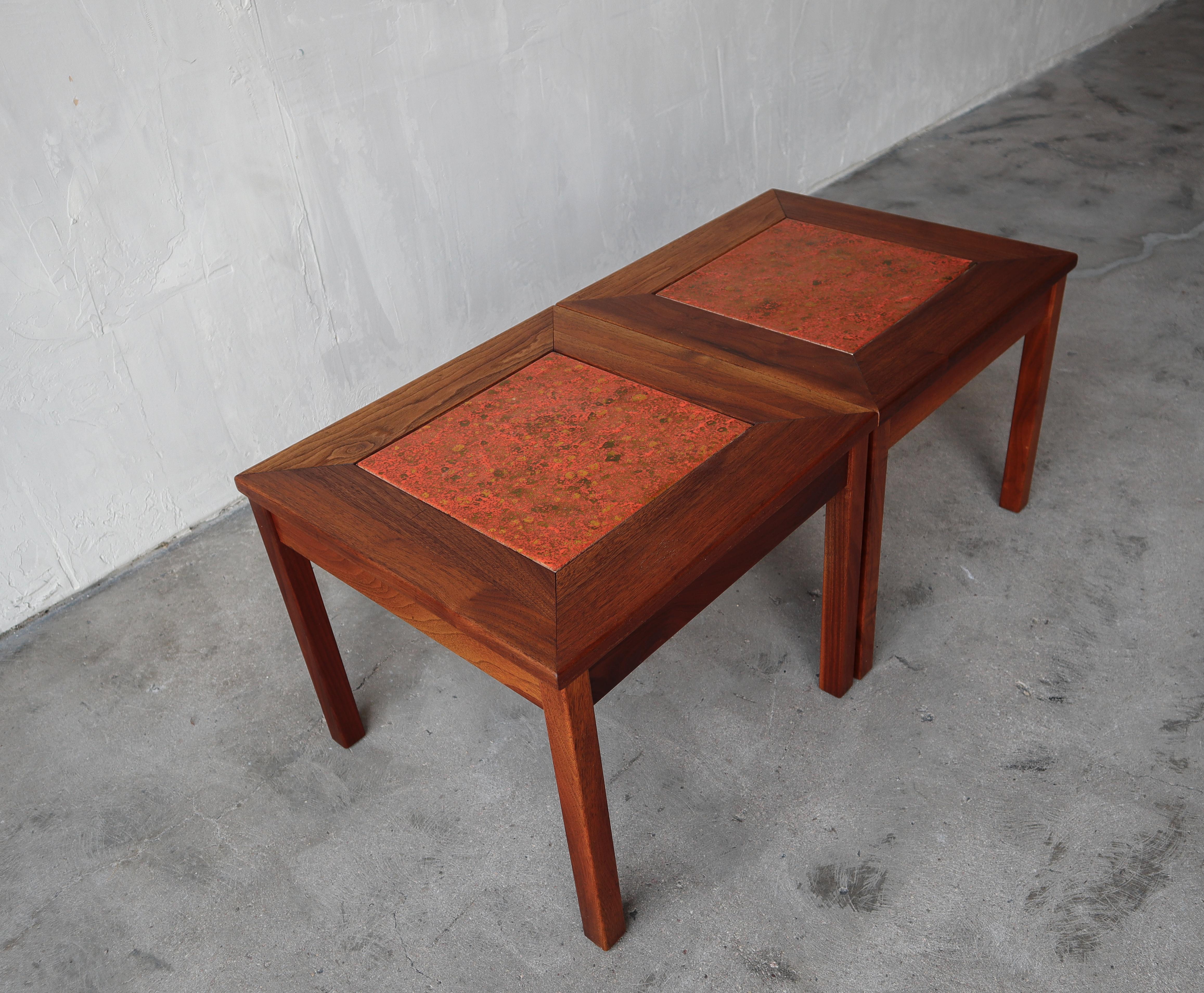 Mid-Century Modern Pair of Midcentury Enameled Copper and Walnut Side Tables