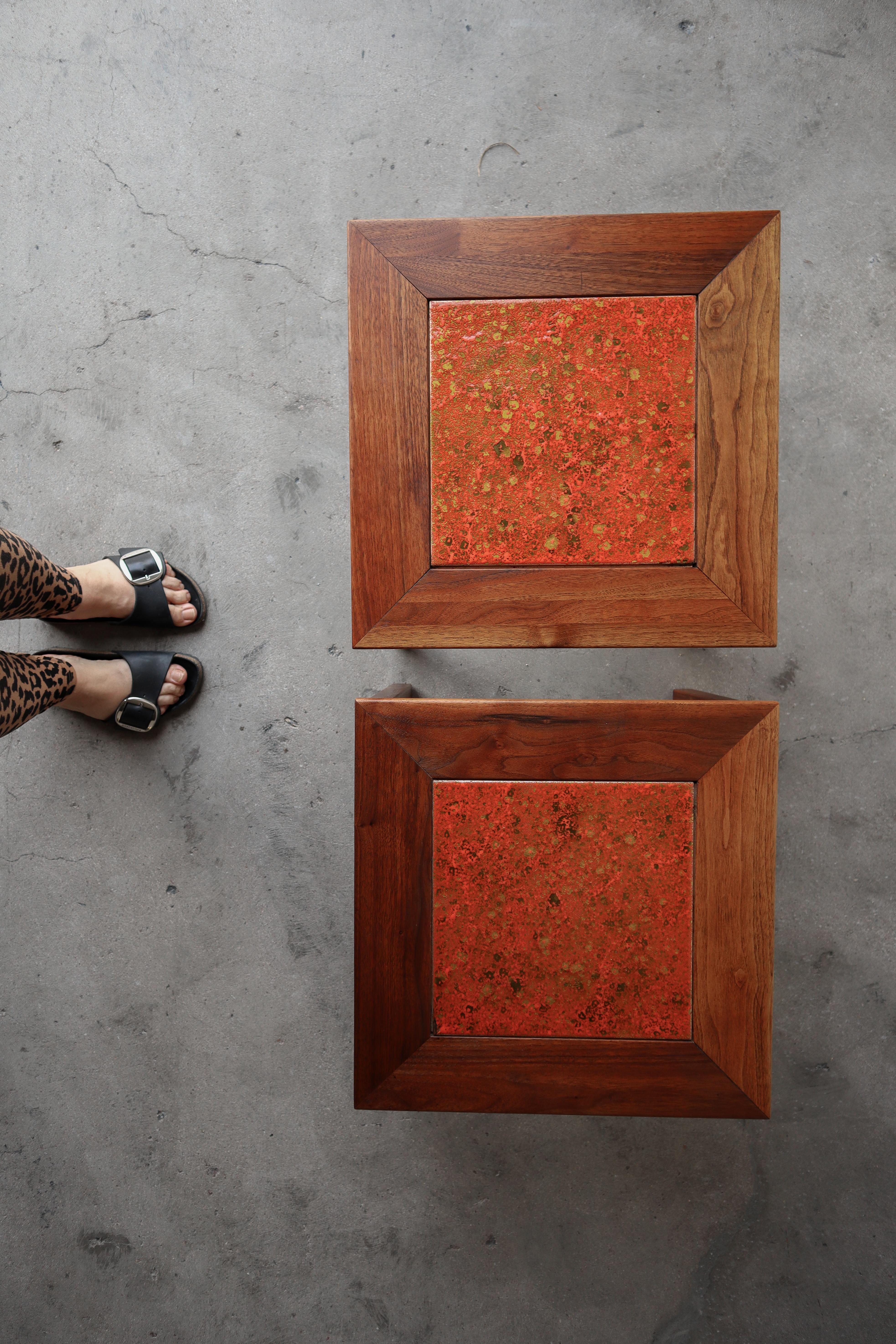 20th Century Pair of Midcentury Enameled Copper and Walnut Side Tables