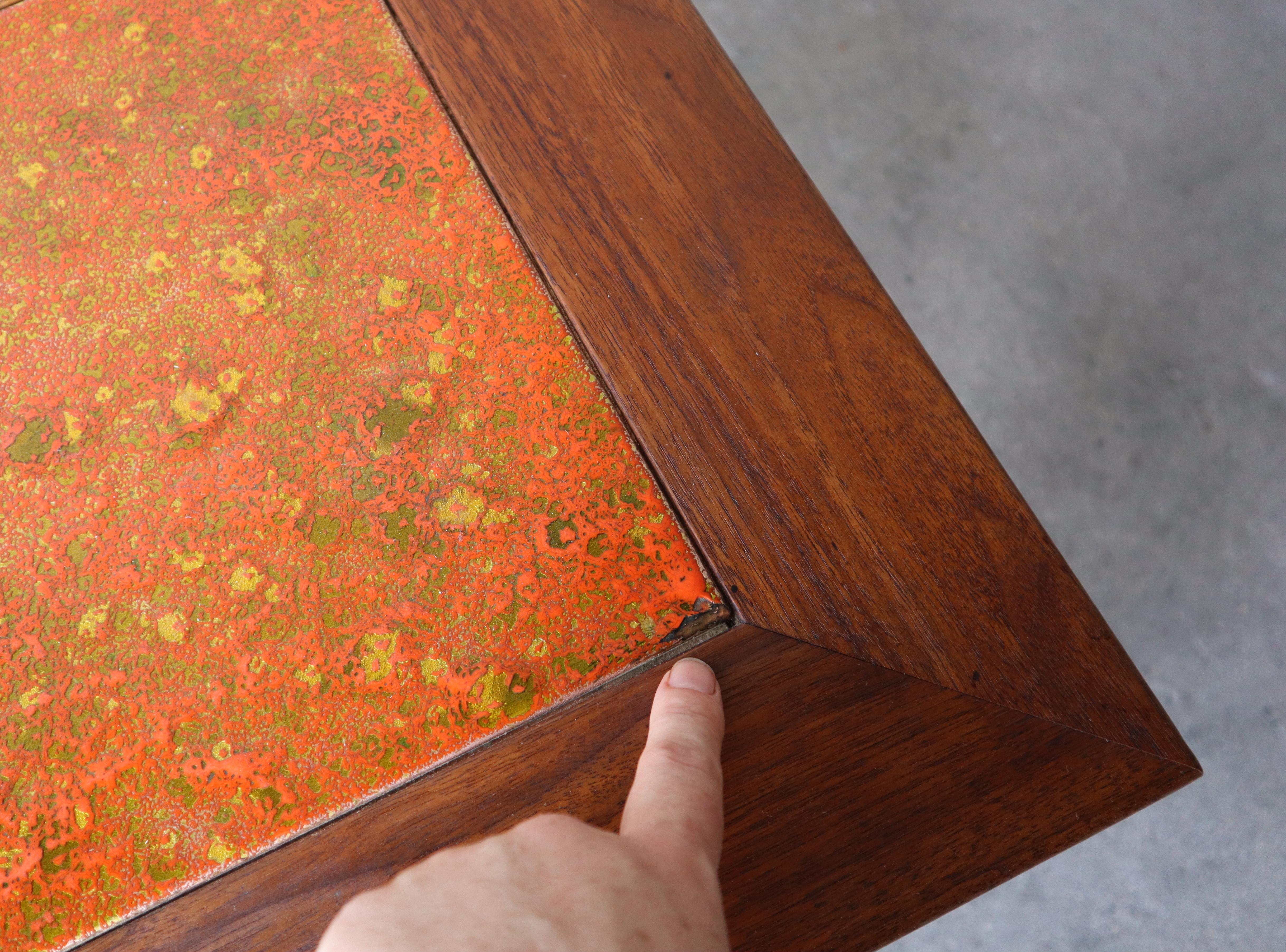 Pair of Midcentury Enameled Copper and Walnut Side Tables 1