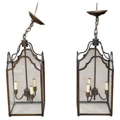 Pair of Midcentury English Bronze Three-Light Lanterns with Glass Panels, Wired