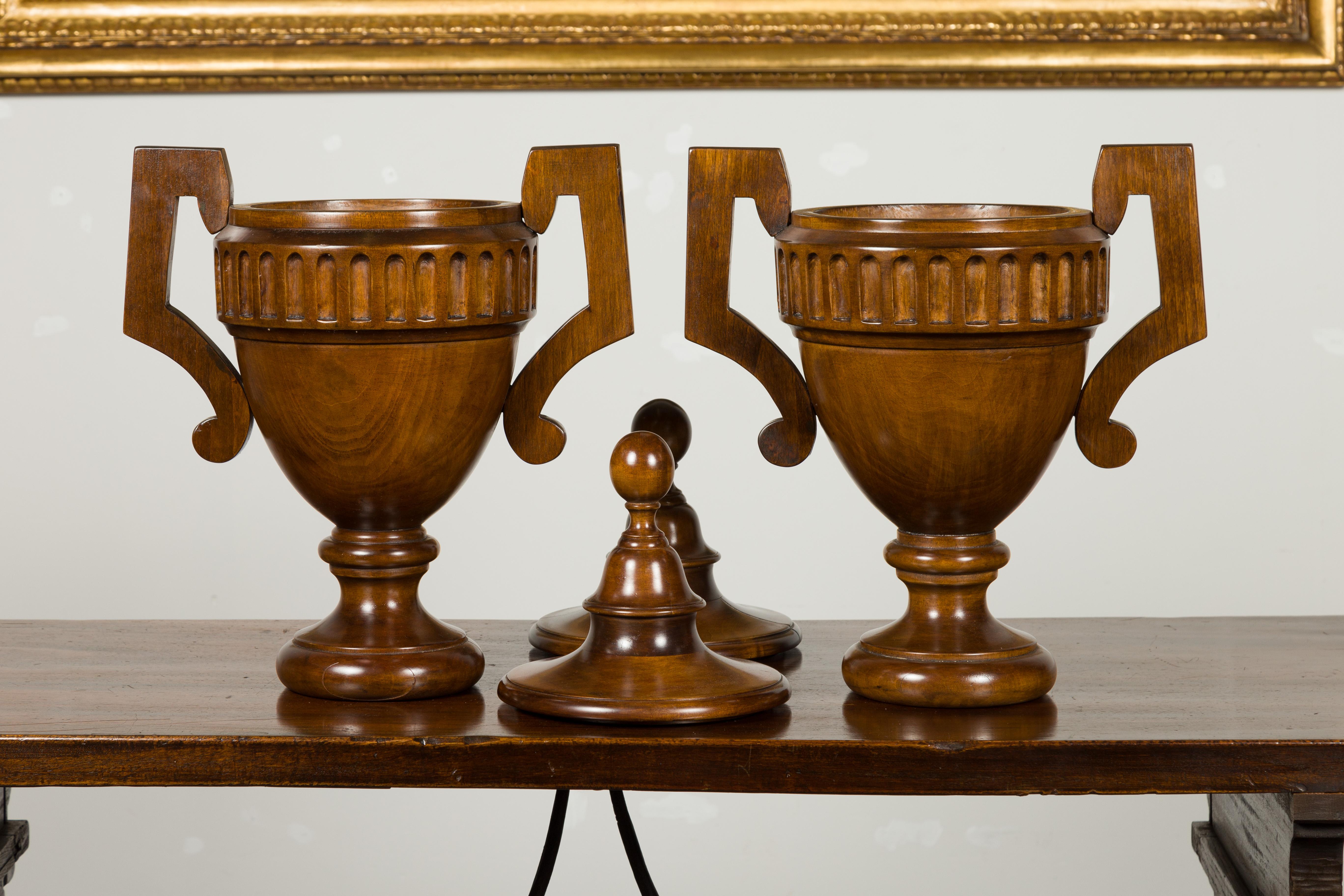 Pair of Midcentury English Carved Walnut Lidded Urns with Large Handles For Sale 5