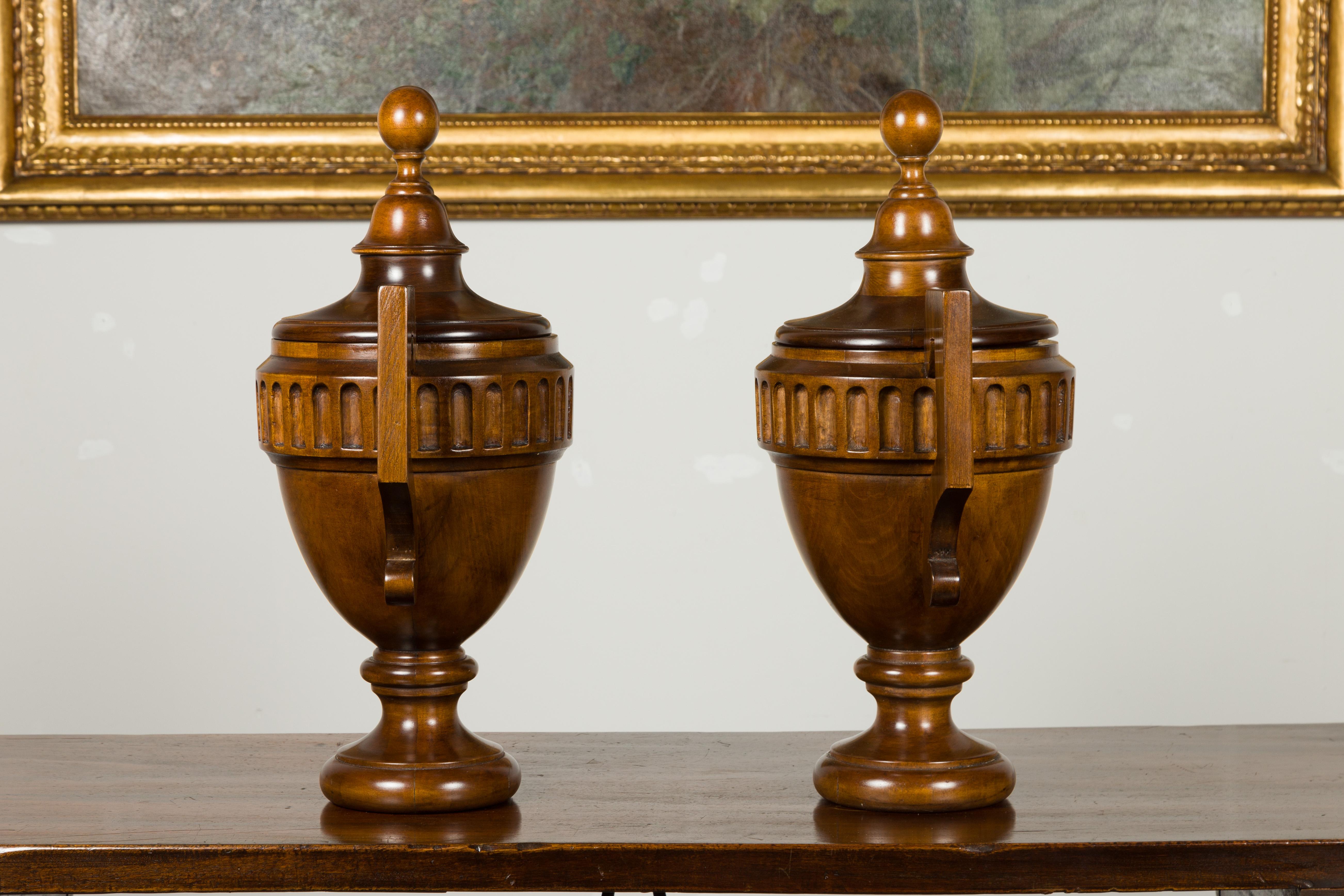 Pair of Midcentury English Carved Walnut Lidded Urns with Large Handles For Sale 6