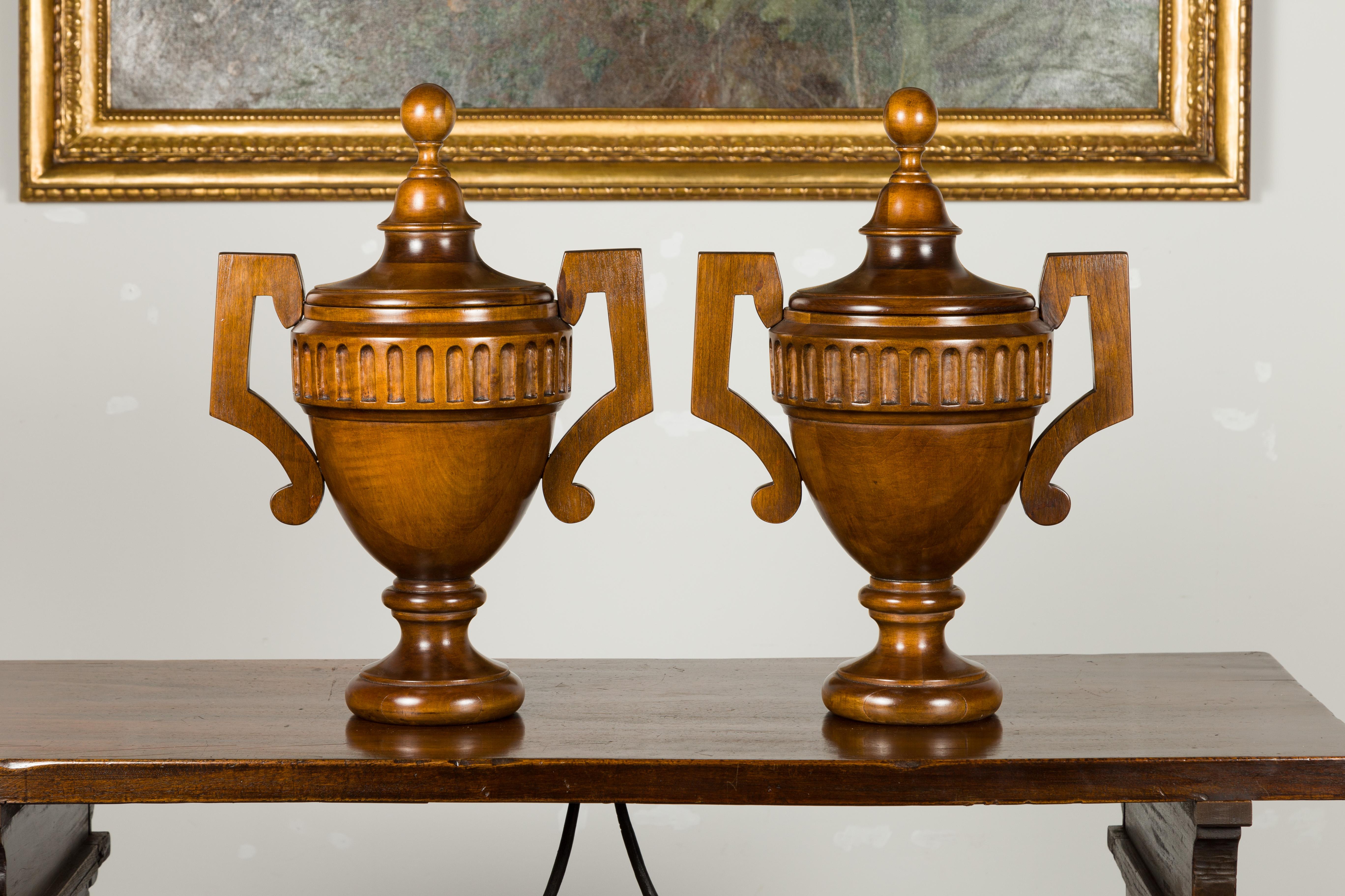 Mid-Century Modern Pair of Midcentury English Carved Walnut Lidded Urns with Large Handles For Sale