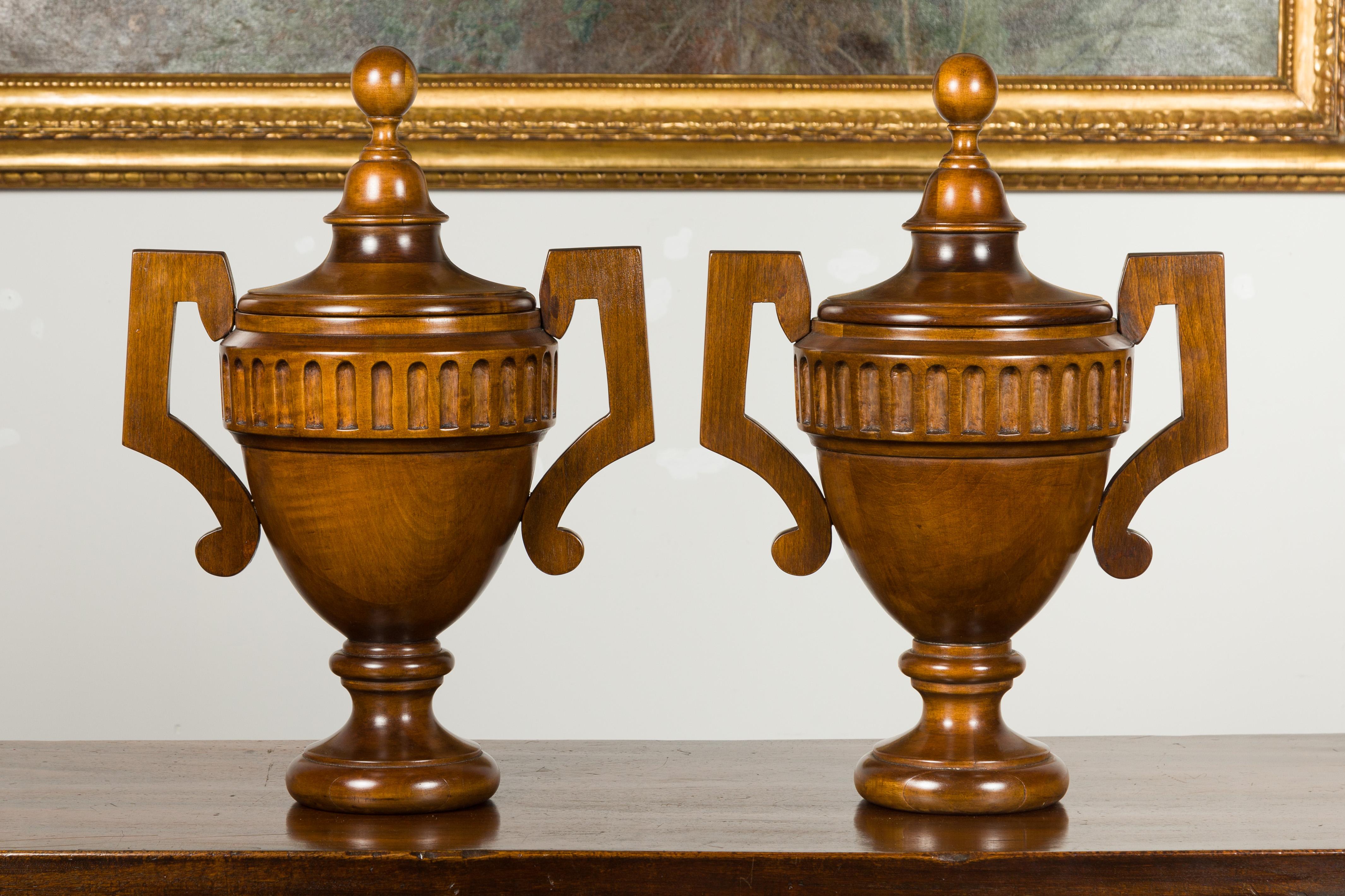 Pair of Midcentury English Carved Walnut Lidded Urns with Large Handles In Good Condition For Sale In Atlanta, GA