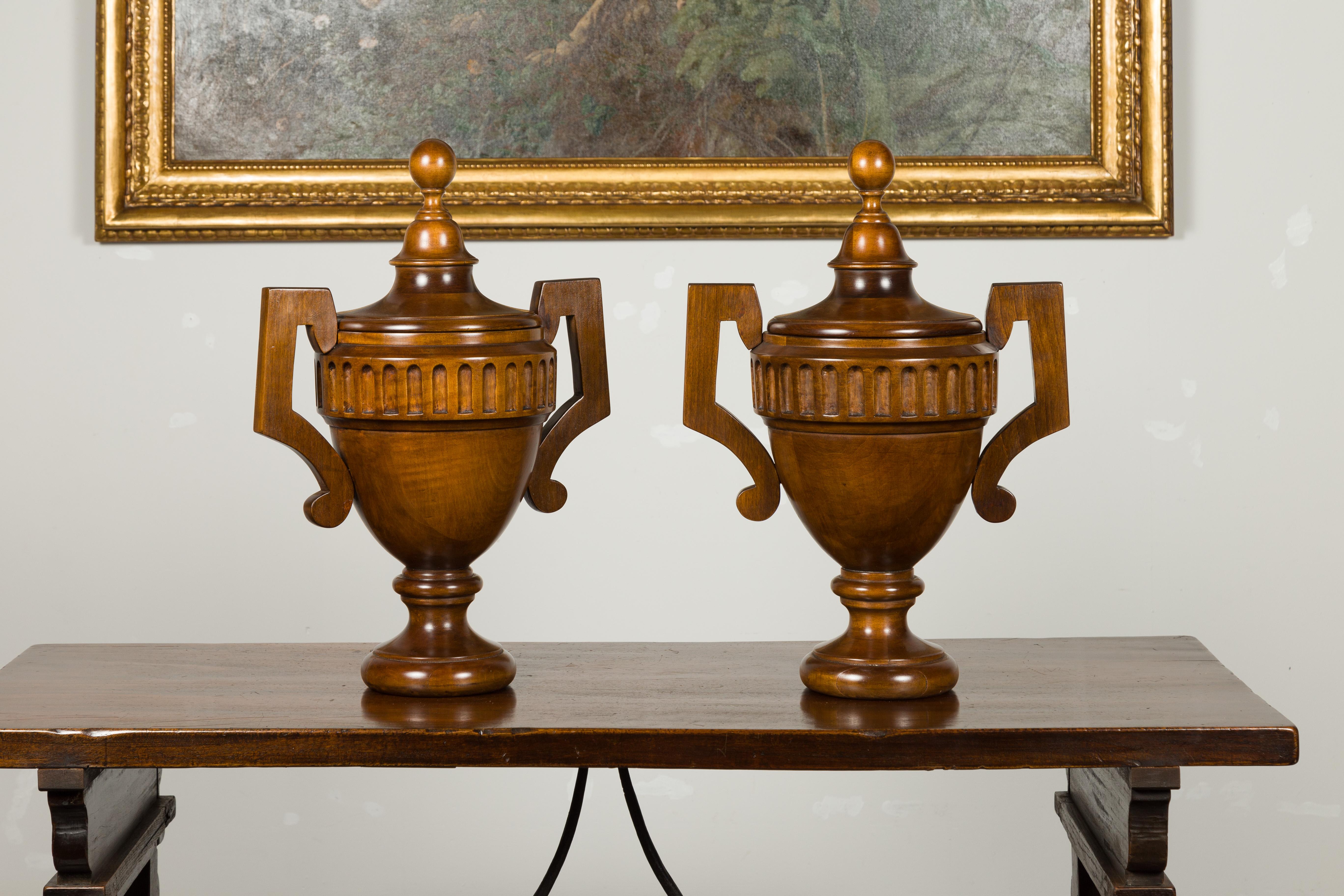 20th Century Pair of Midcentury English Carved Walnut Lidded Urns with Large Handles For Sale