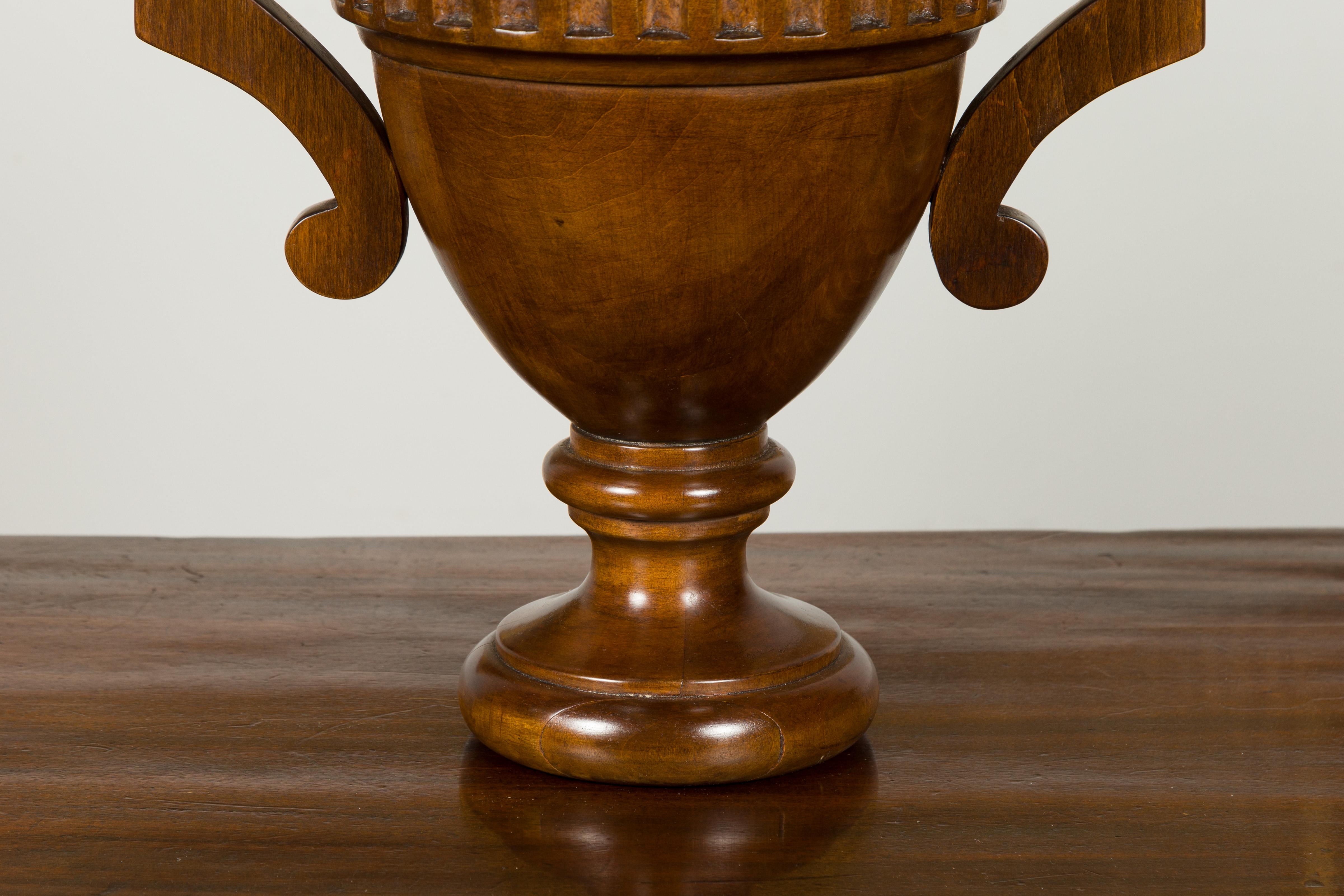 Pair of Midcentury English Carved Walnut Lidded Urns with Large Handles For Sale 2