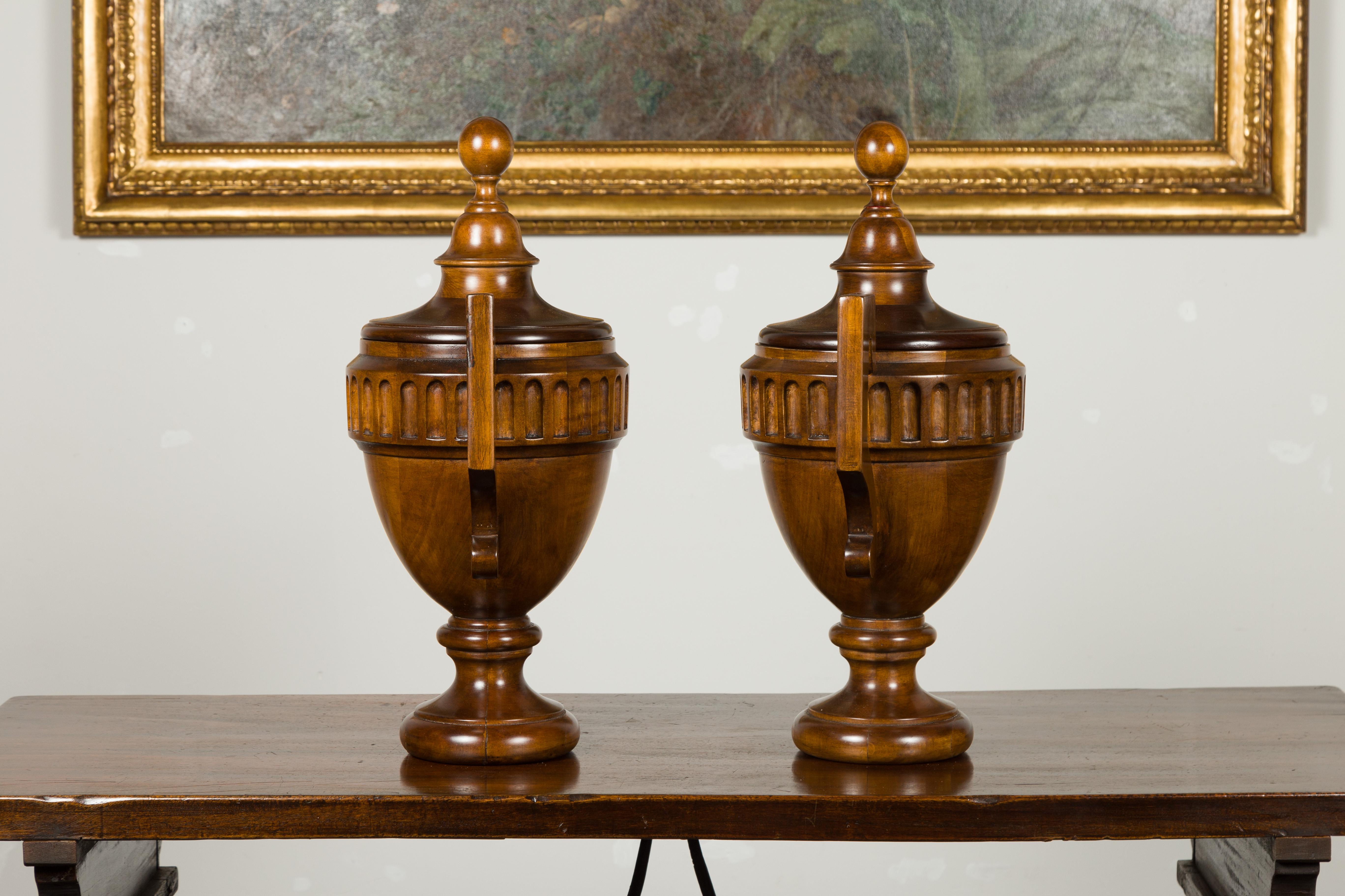 Pair of Midcentury English Carved Walnut Lidded Urns with Large Handles For Sale 3