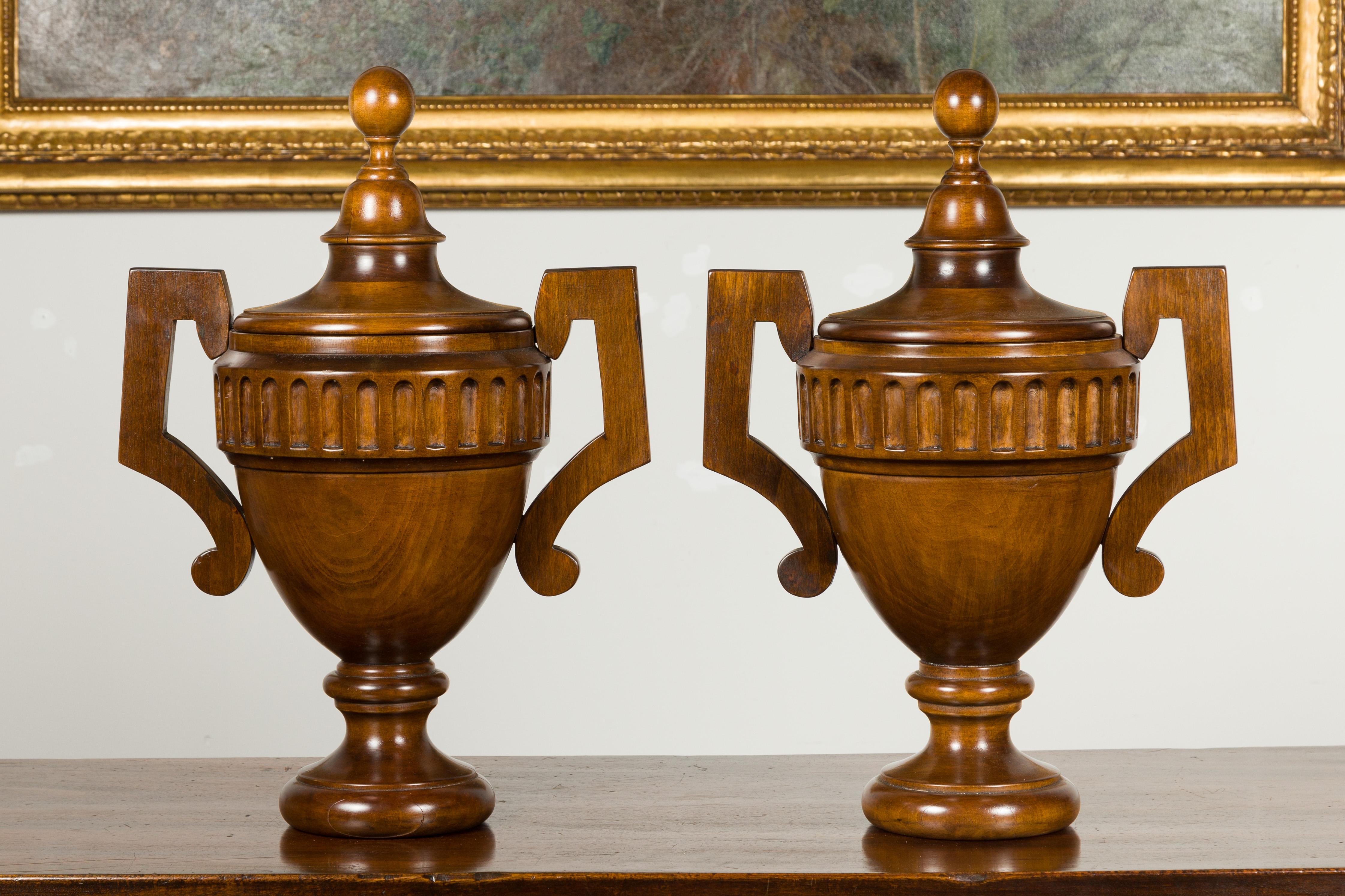 Pair of Midcentury English Carved Walnut Lidded Urns with Large Handles For Sale 4
