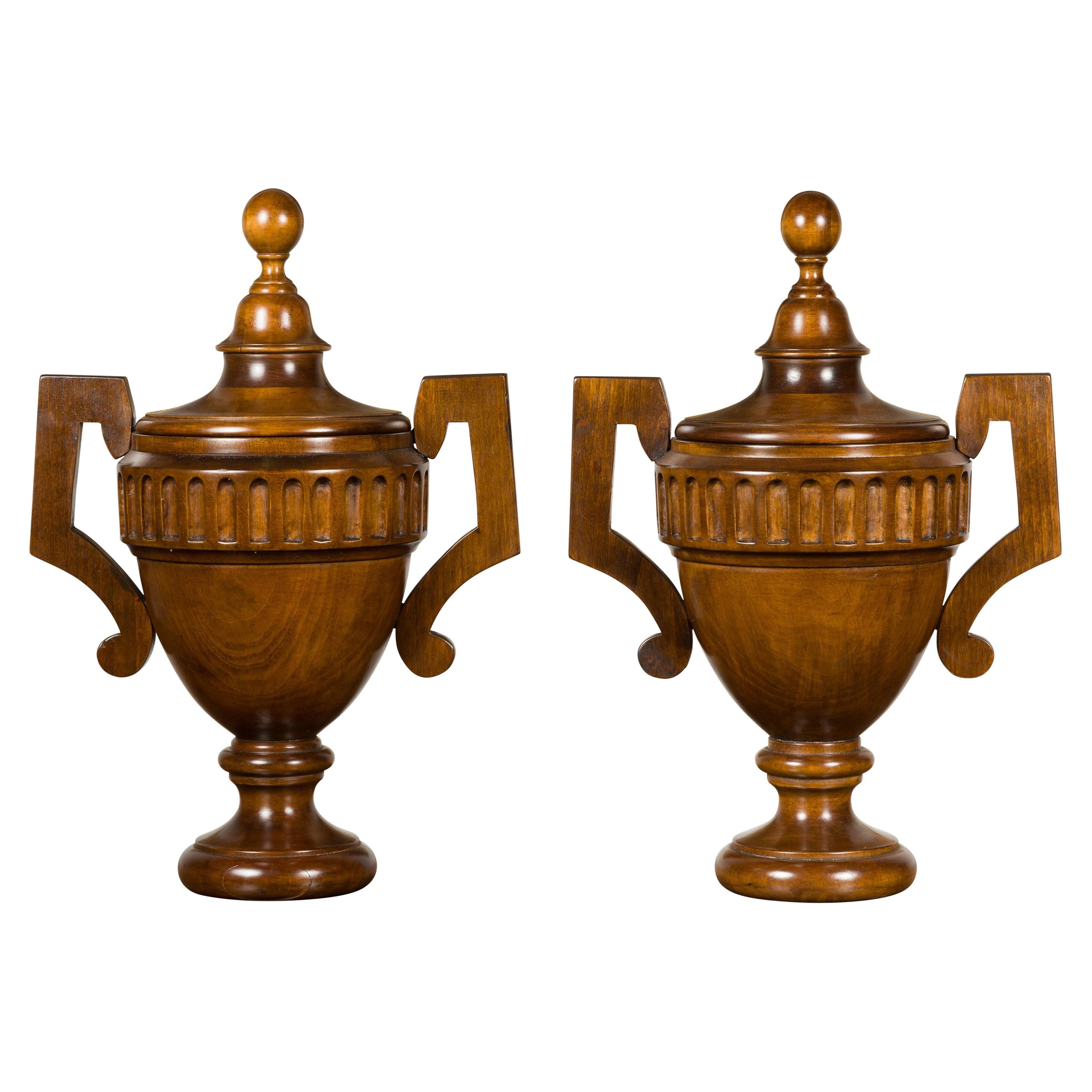 Pair of Midcentury English Carved Walnut Lidded Urns with Large Handles For Sale