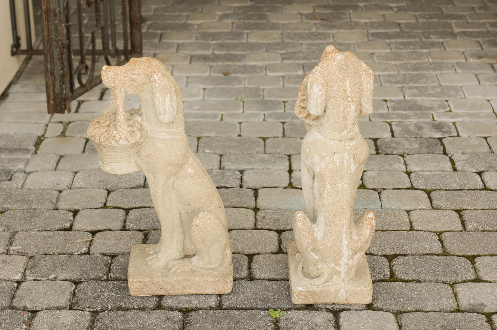 Pair of Midcentury English Cast Dog Sculptures Carrying Baskets of Flowers 2