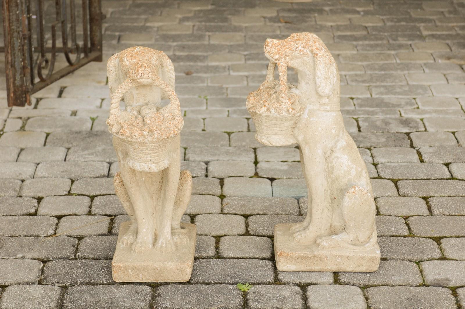 Pair of Midcentury English Cast Dog Sculptures Carrying Baskets of Flowers 3