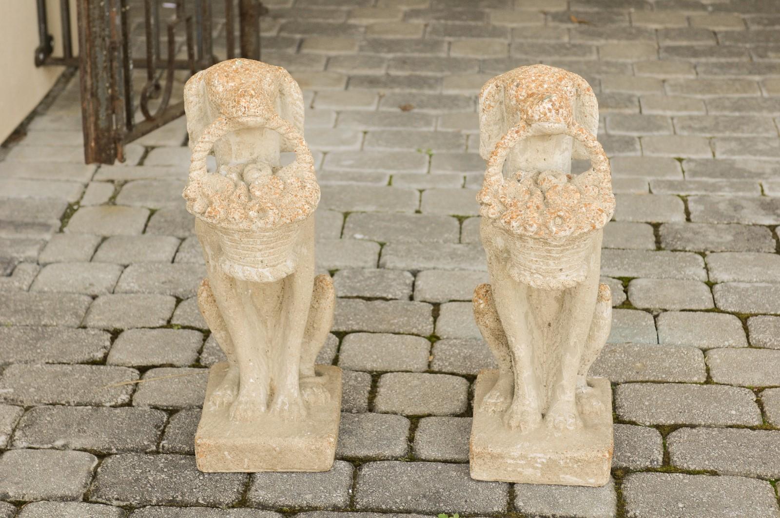 20th Century Pair of Midcentury English Cast Dog Sculptures Carrying Baskets of Flowers