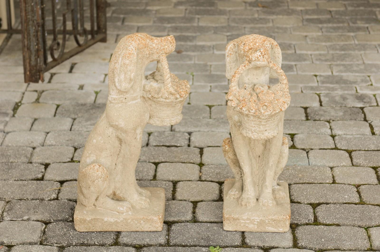 Concrete Pair of Midcentury English Cast Dog Sculptures Carrying Baskets of Flowers