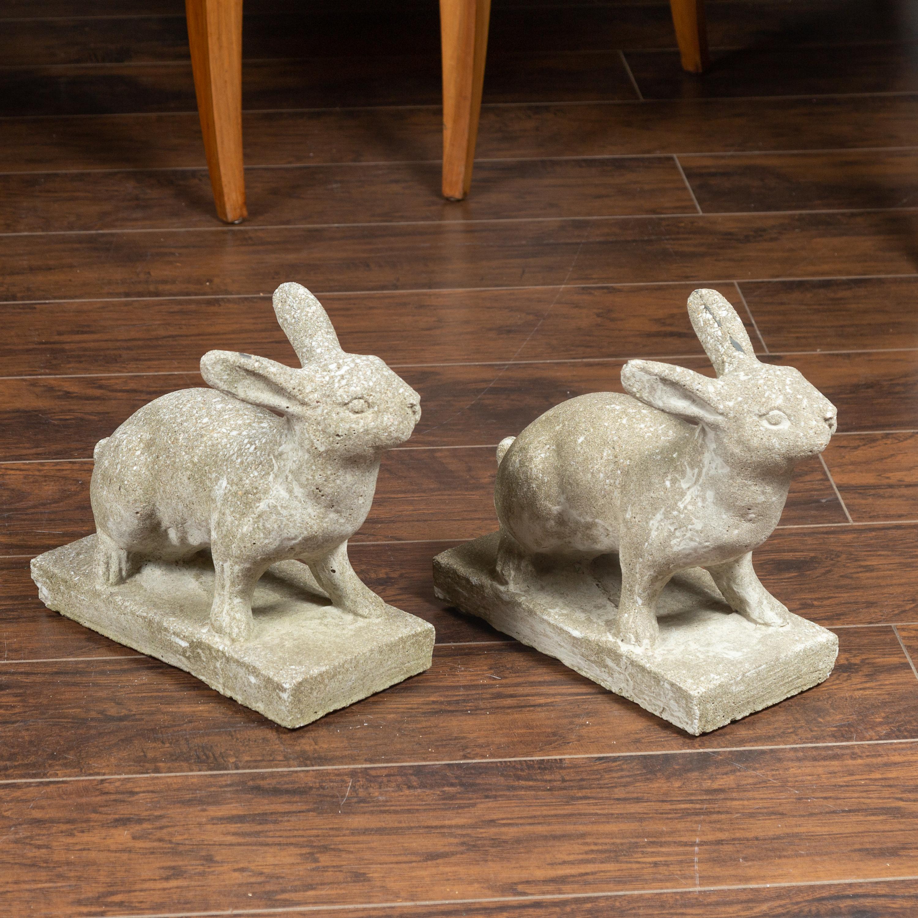 Mid-Century Modern Pair of Midcentury English Concrete Rabbits Sculptures on Rectangular Bases