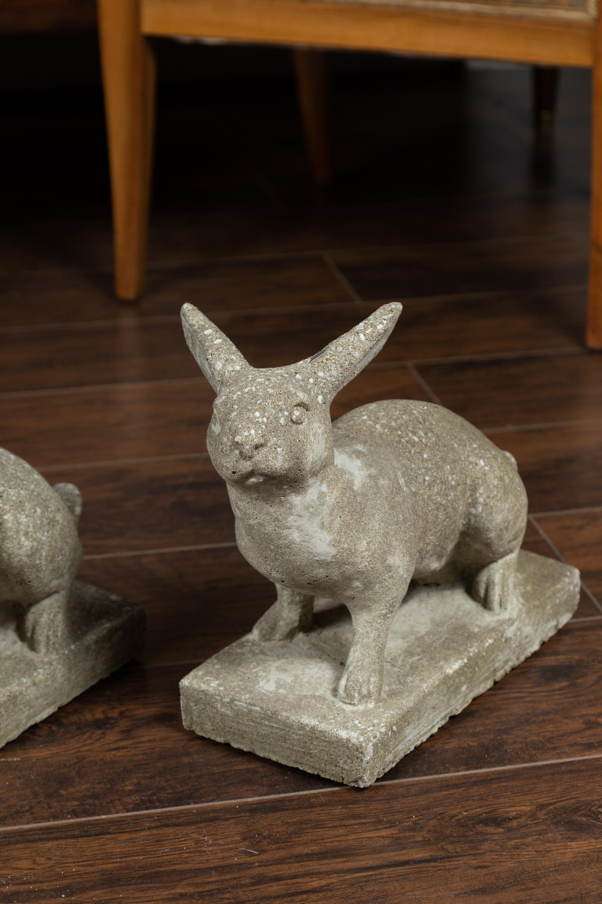 20th Century Pair of Midcentury English Concrete Rabbits Sculptures on Rectangular Bases