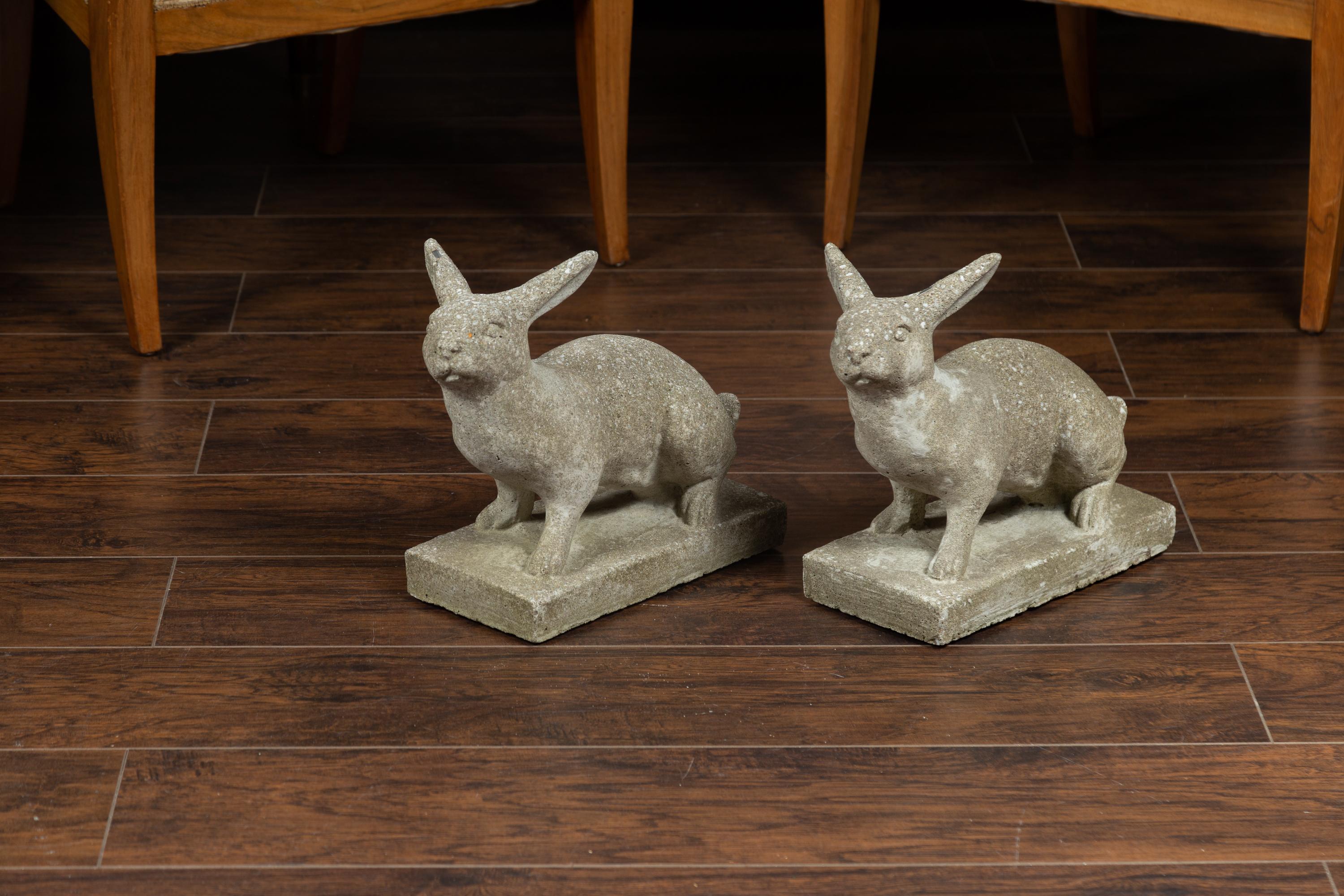 Pair of Midcentury English Concrete Rabbits Sculptures on Rectangular Bases 1