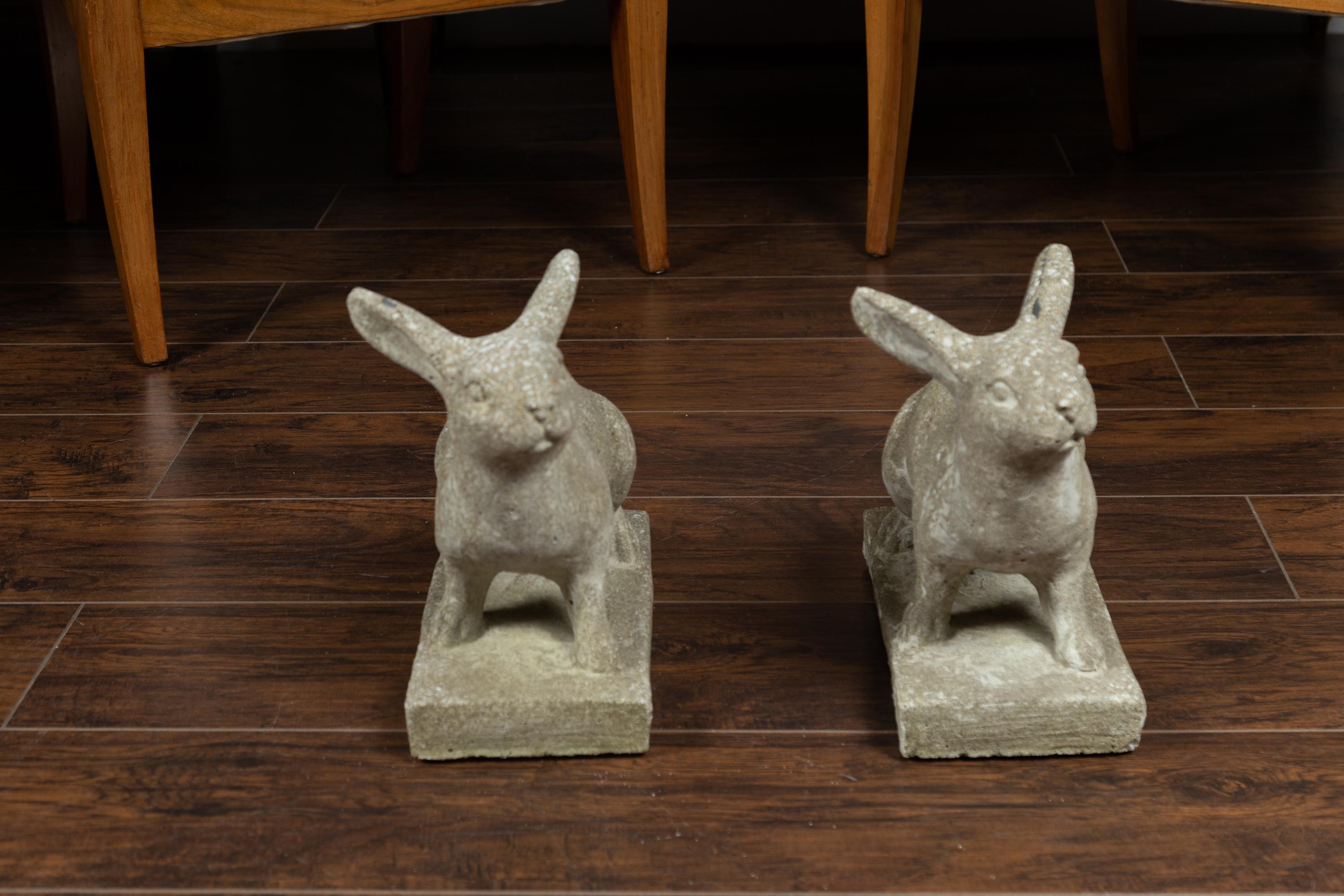Pair of Midcentury English Concrete Rabbits Sculptures on Rectangular Bases 2