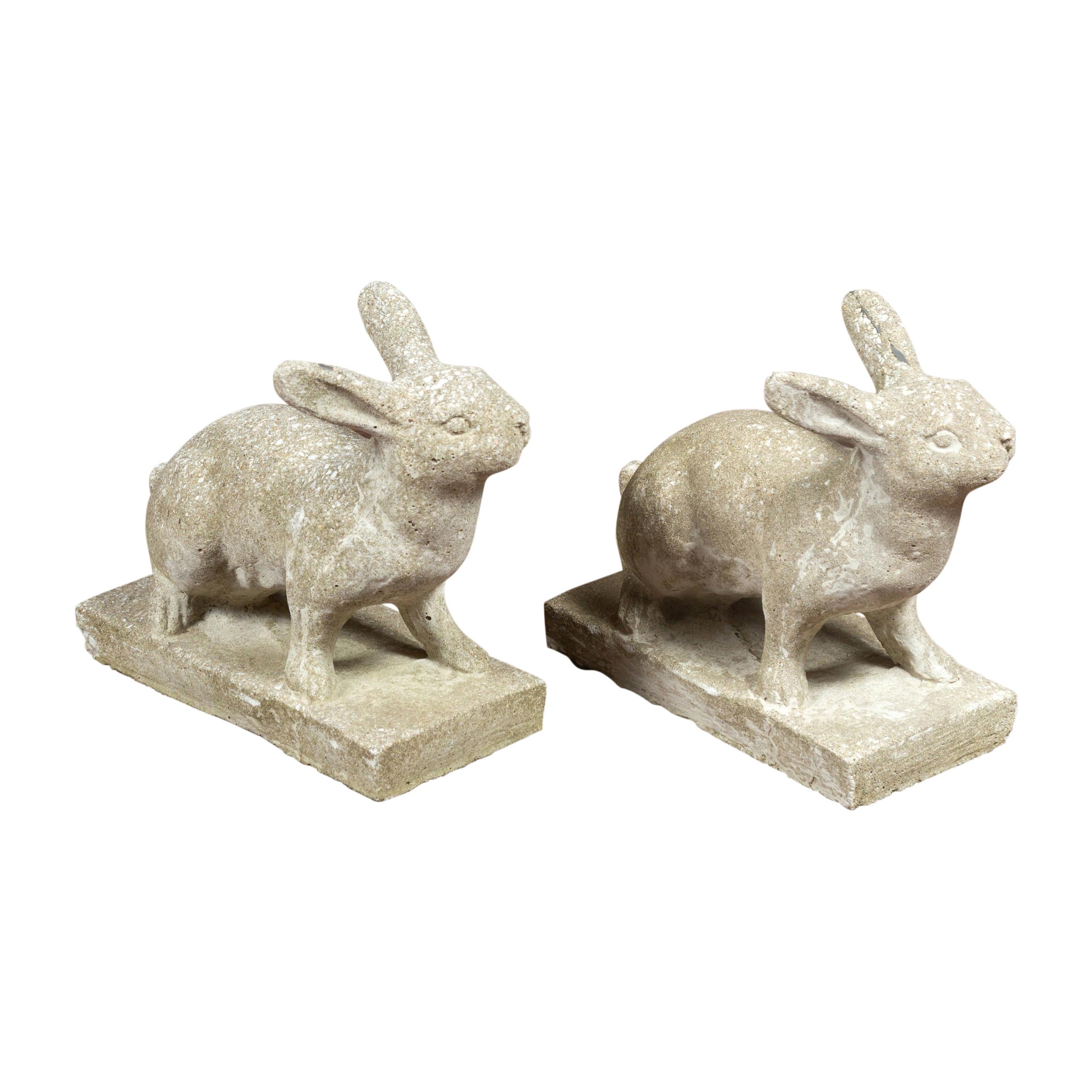 Pair of Midcentury English Concrete Rabbits Sculptures on Rectangular Bases