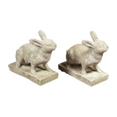 Pair of Midcentury English Concrete Rabbits Sculptures on Rectangular Bases