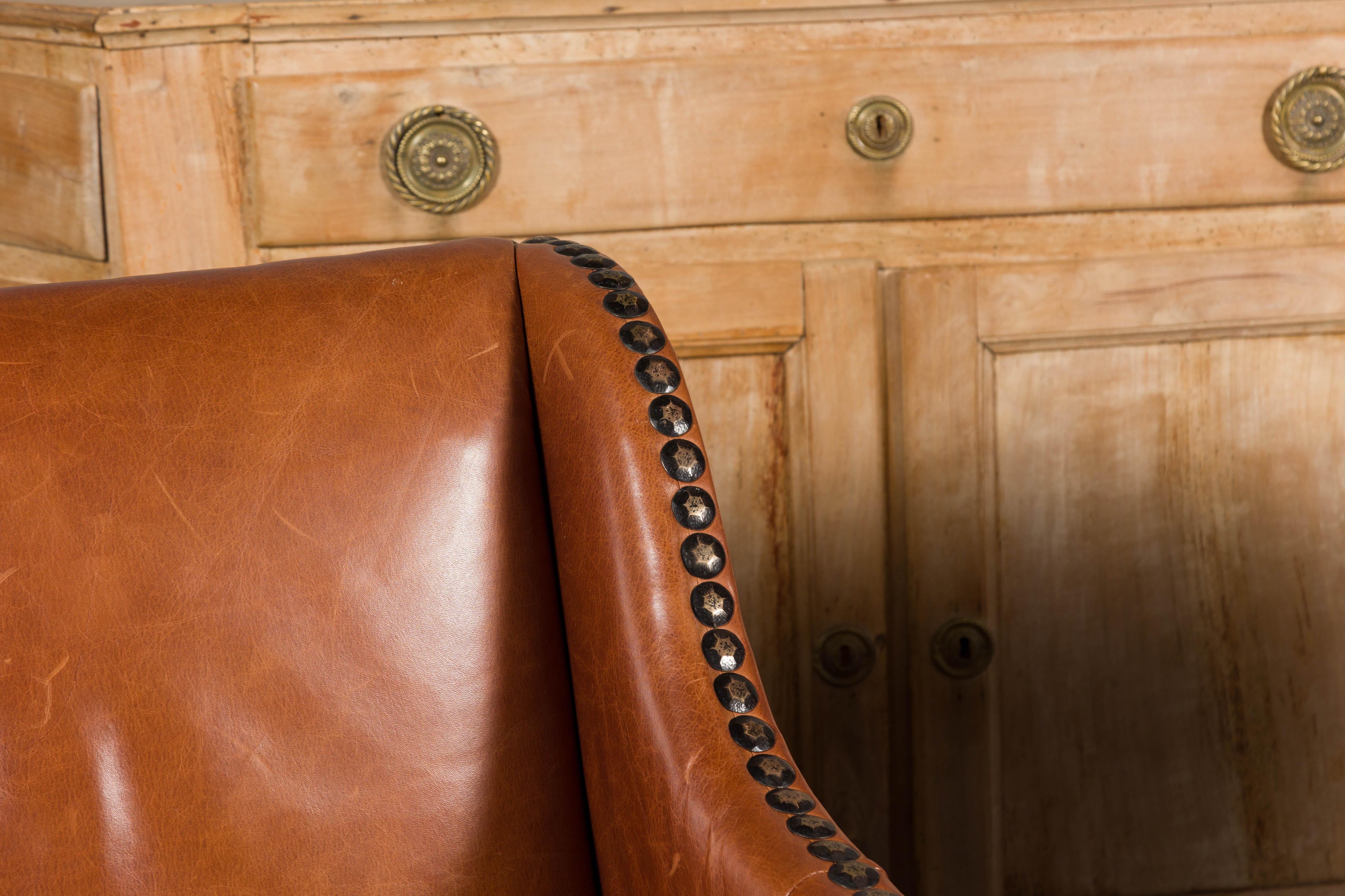 Pair of Midcentury English Leather Club Chairs with Custom Cushion and Nailheads 5