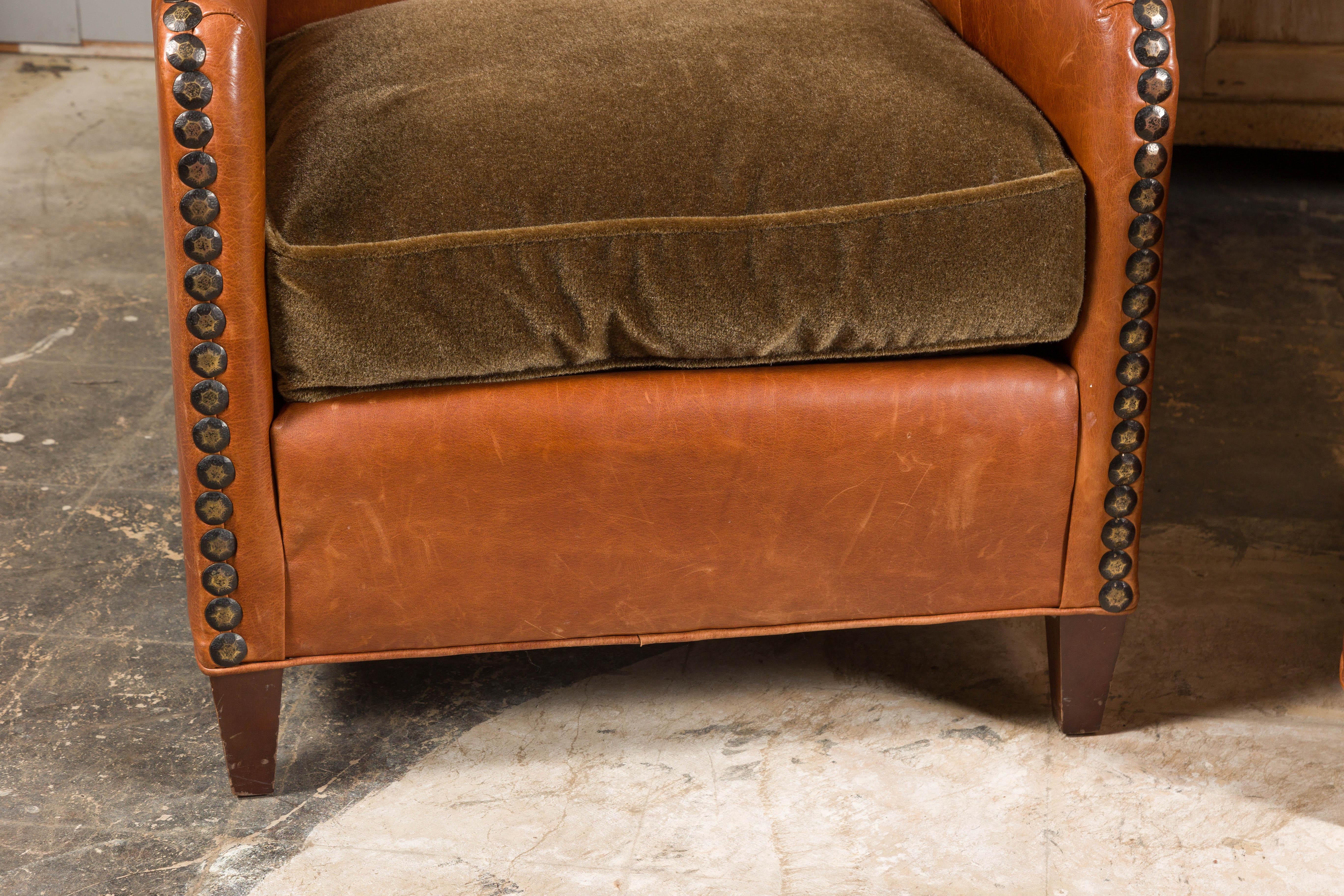Pair of Midcentury English Leather Club Chairs with Custom Cushion and Nailheads 6