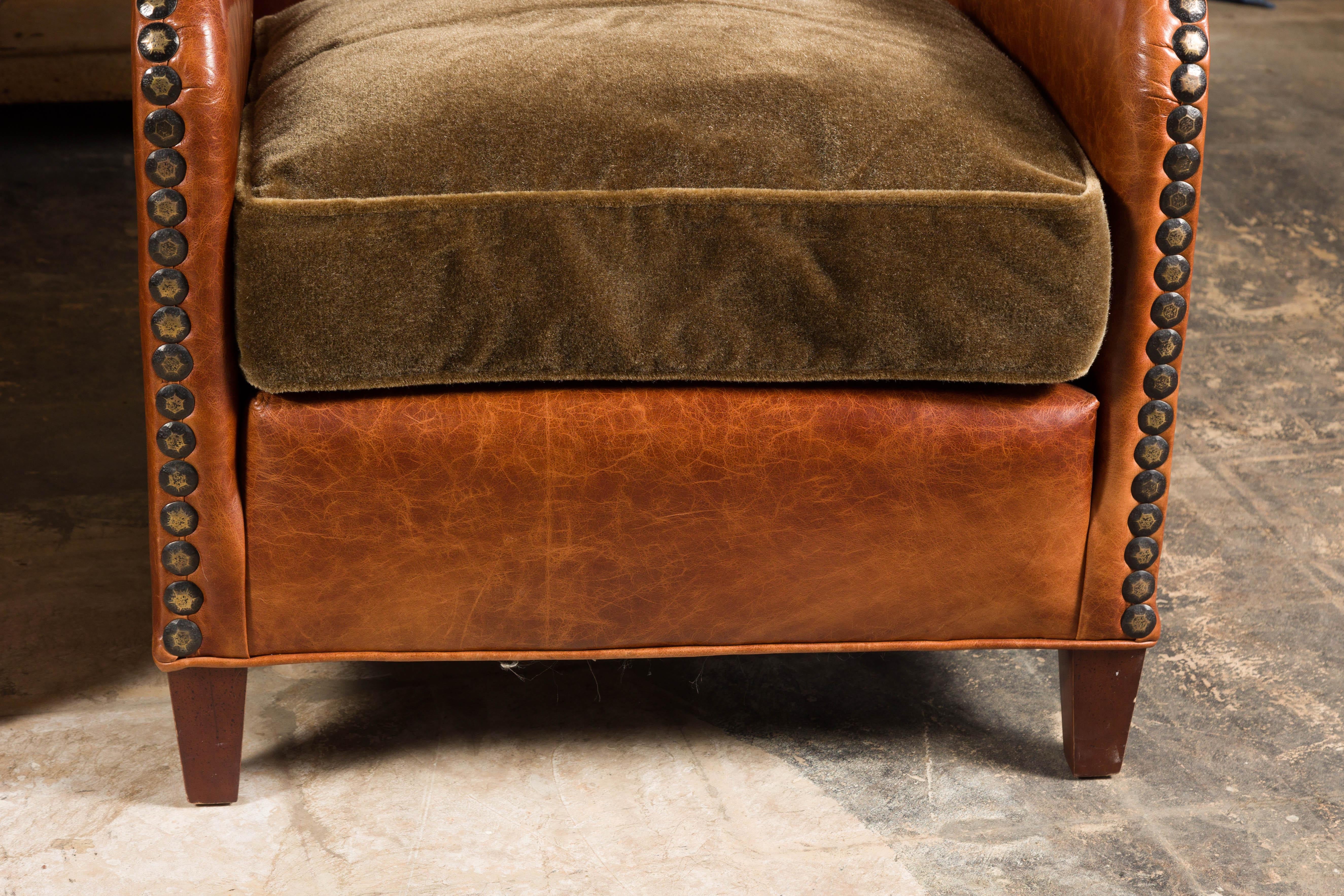 Pair of Midcentury English Leather Club Chairs with Custom Cushion and Nailheads 7