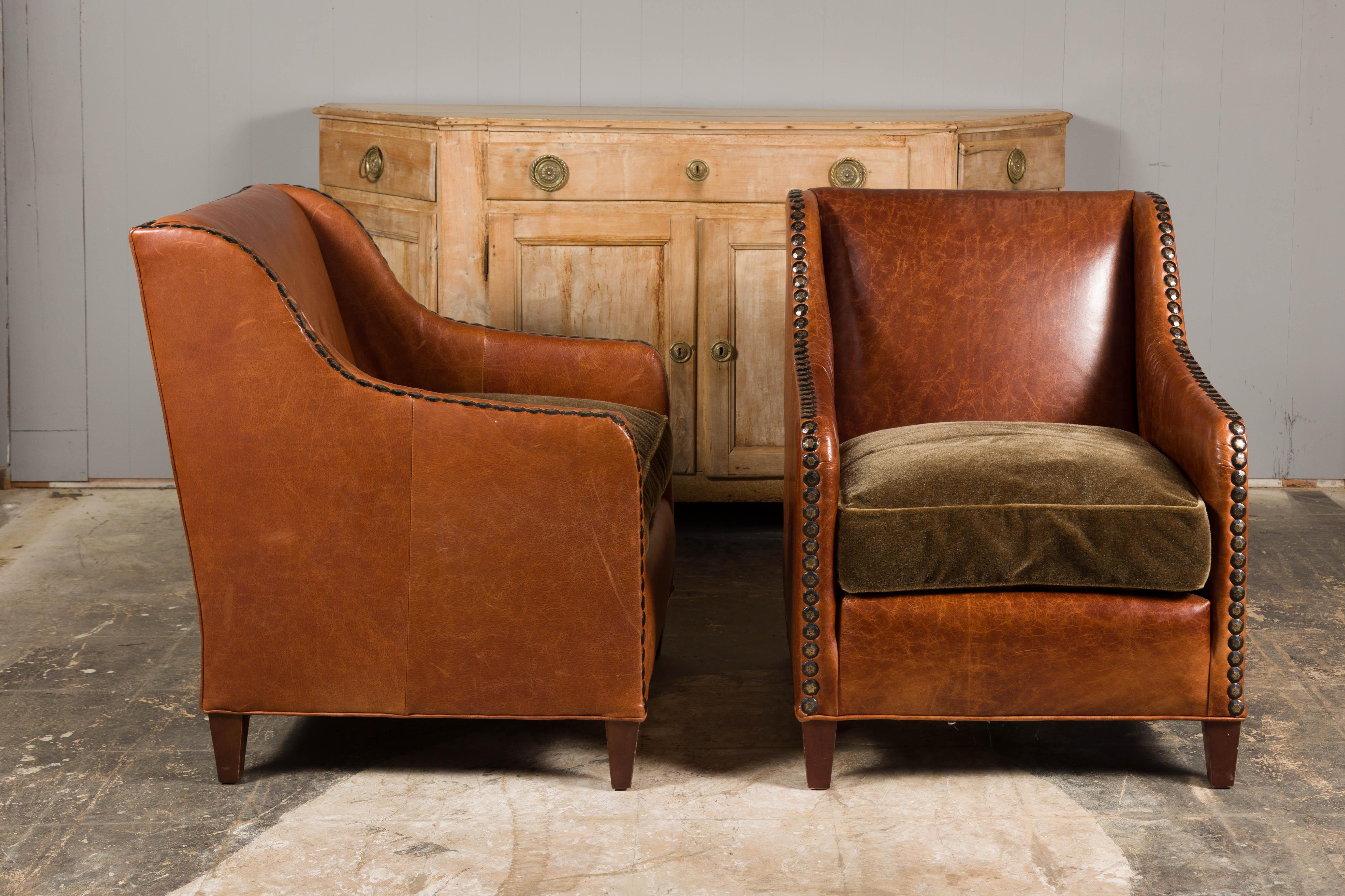 Pair of Midcentury English Leather Club Chairs with Custom Cushion and Nailheads 8