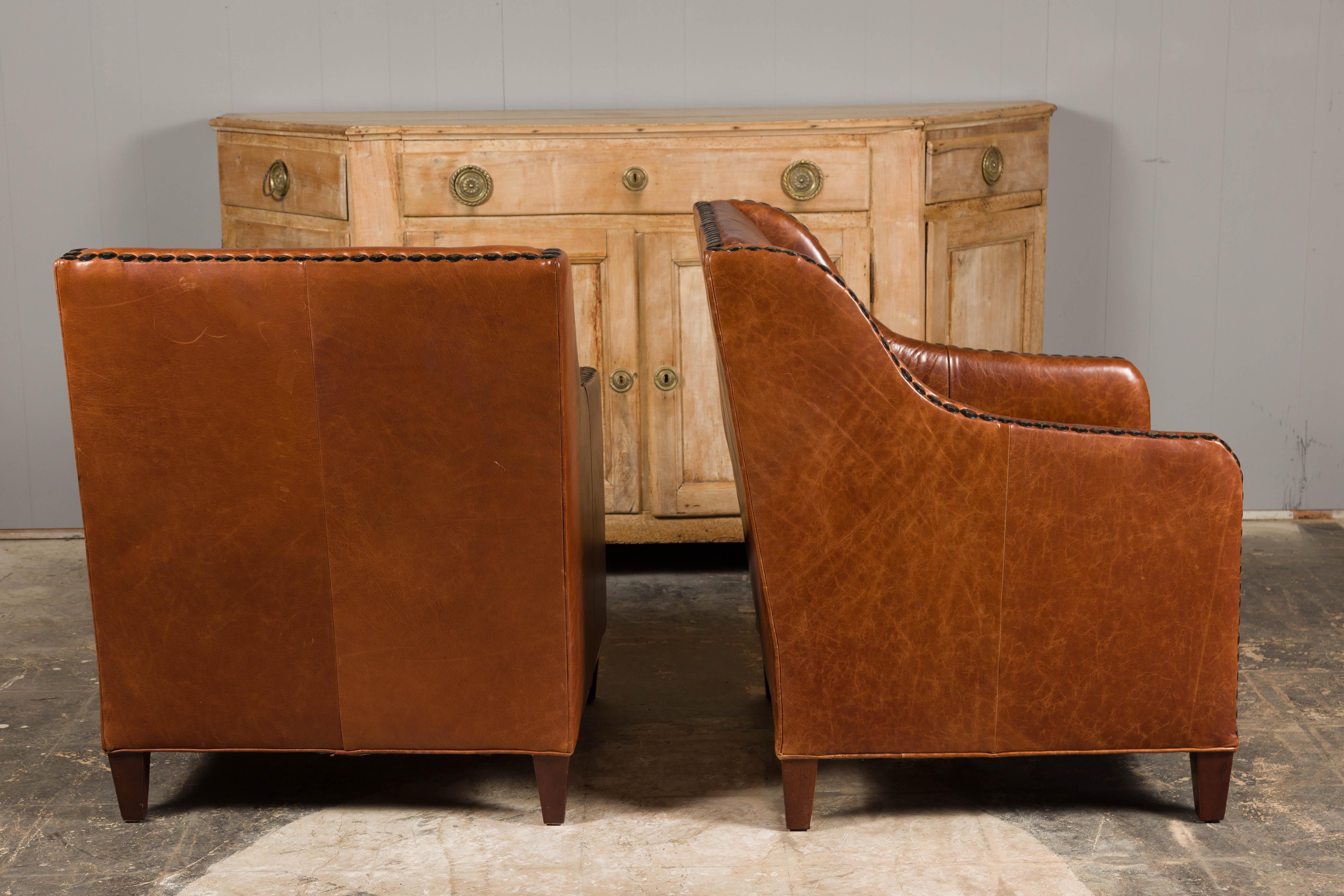 Pair of Midcentury English Leather Club Chairs with Custom Cushion and Nailheads 9