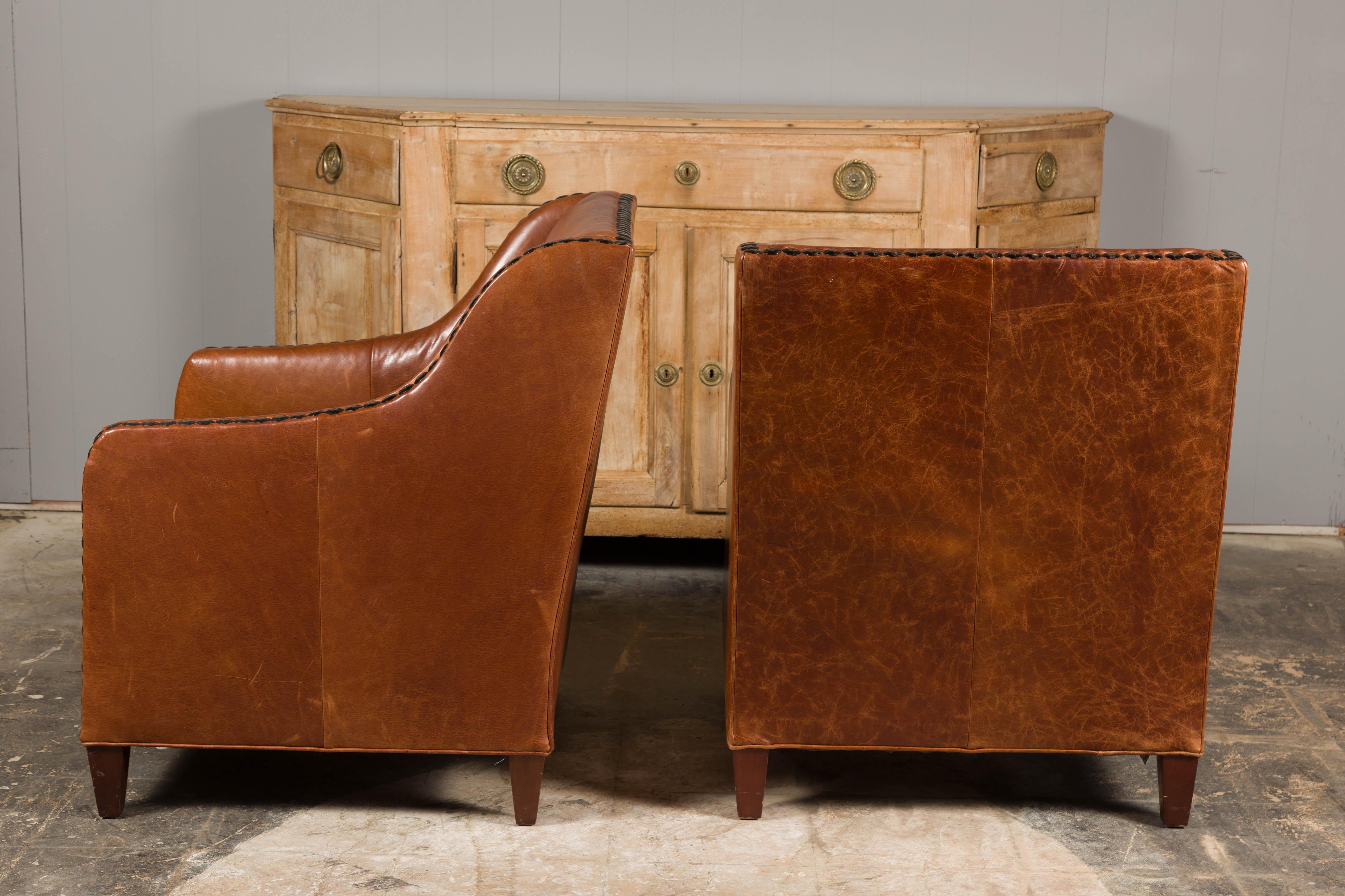 Pair of Midcentury English Leather Club Chairs with Custom Cushion and Nailheads 10