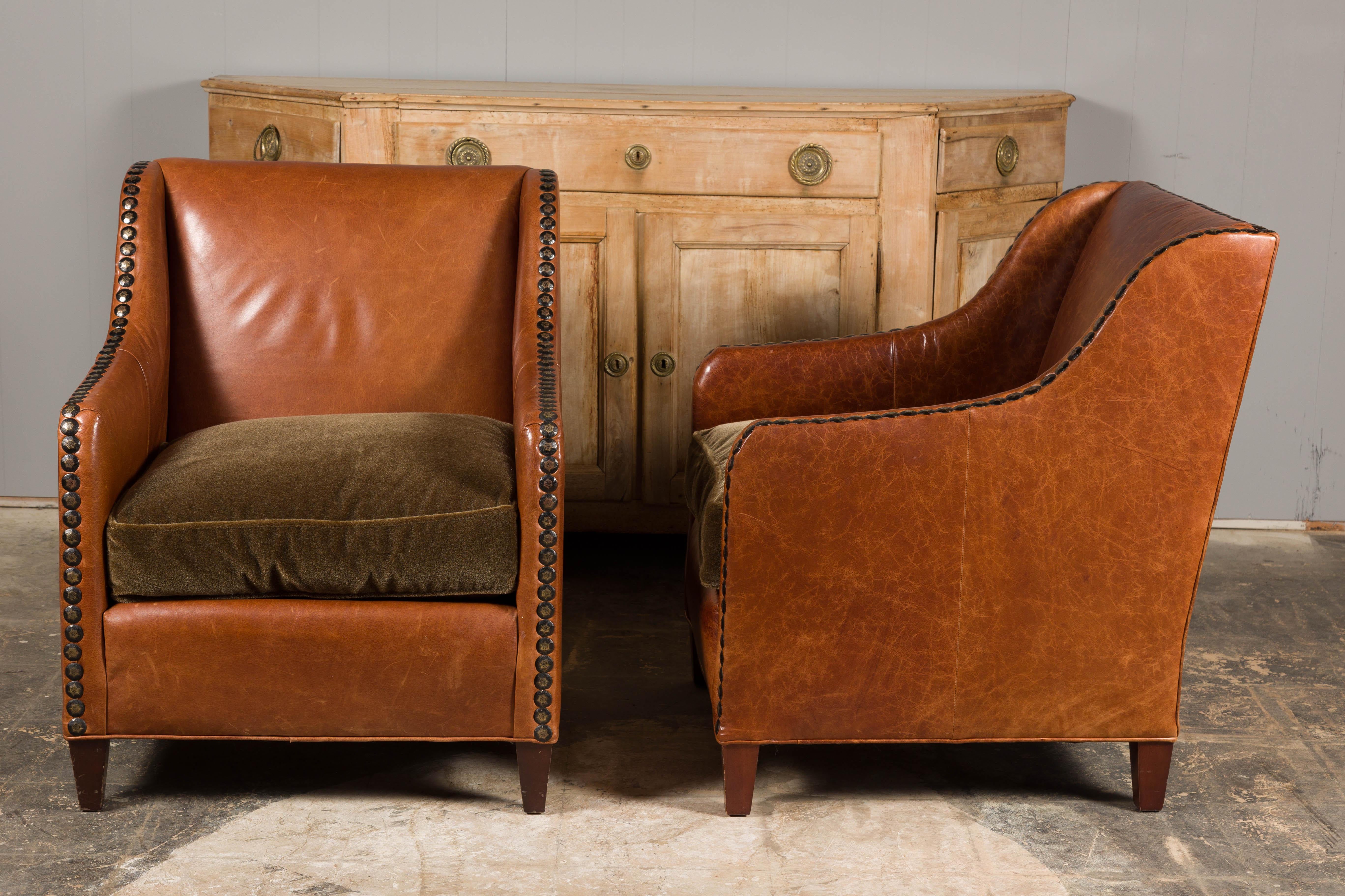 Pair of Midcentury English Leather Club Chairs with Custom Cushion and Nailheads 11