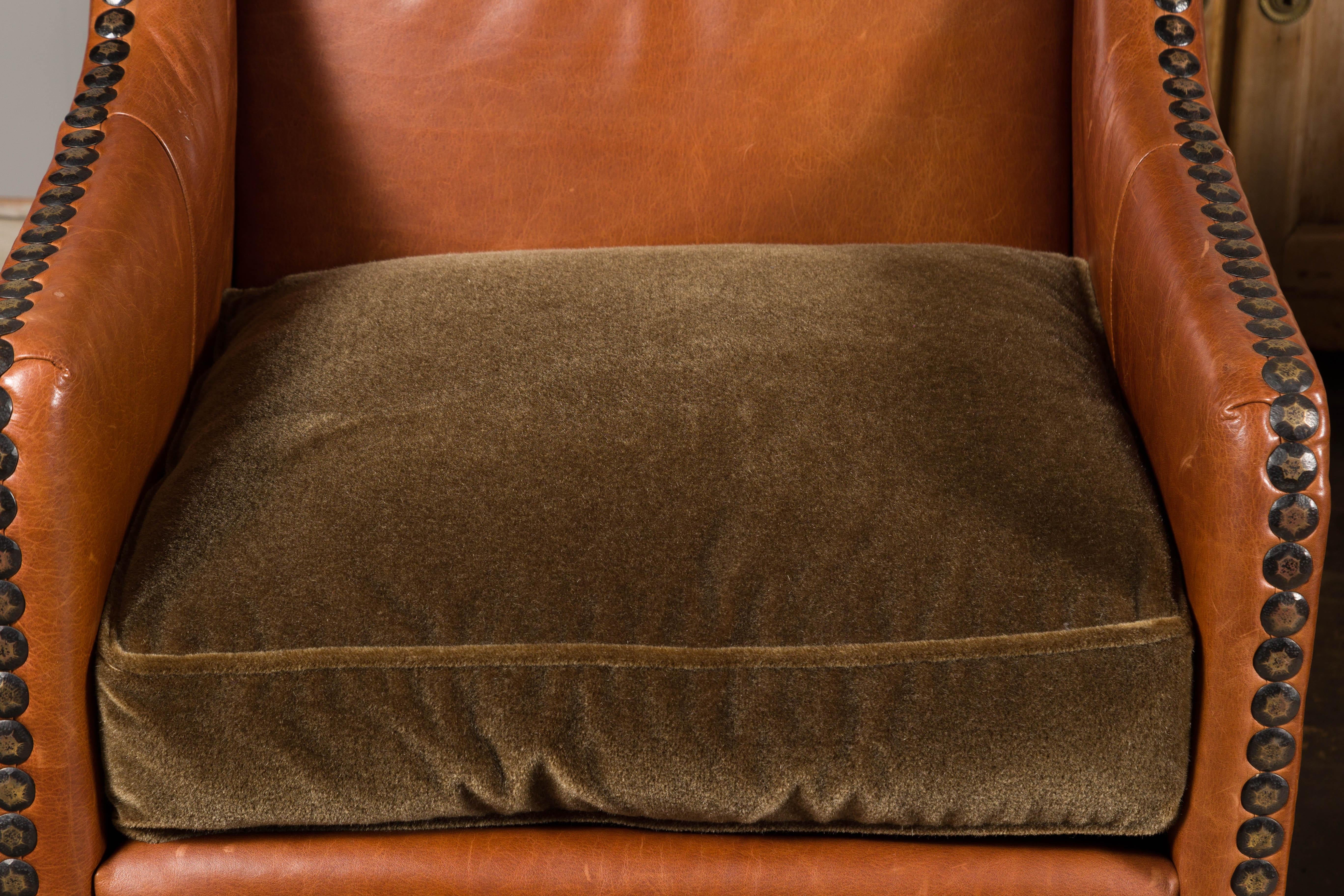 Pair of Midcentury English Leather Club Chairs with Custom Cushion and Nailheads 12